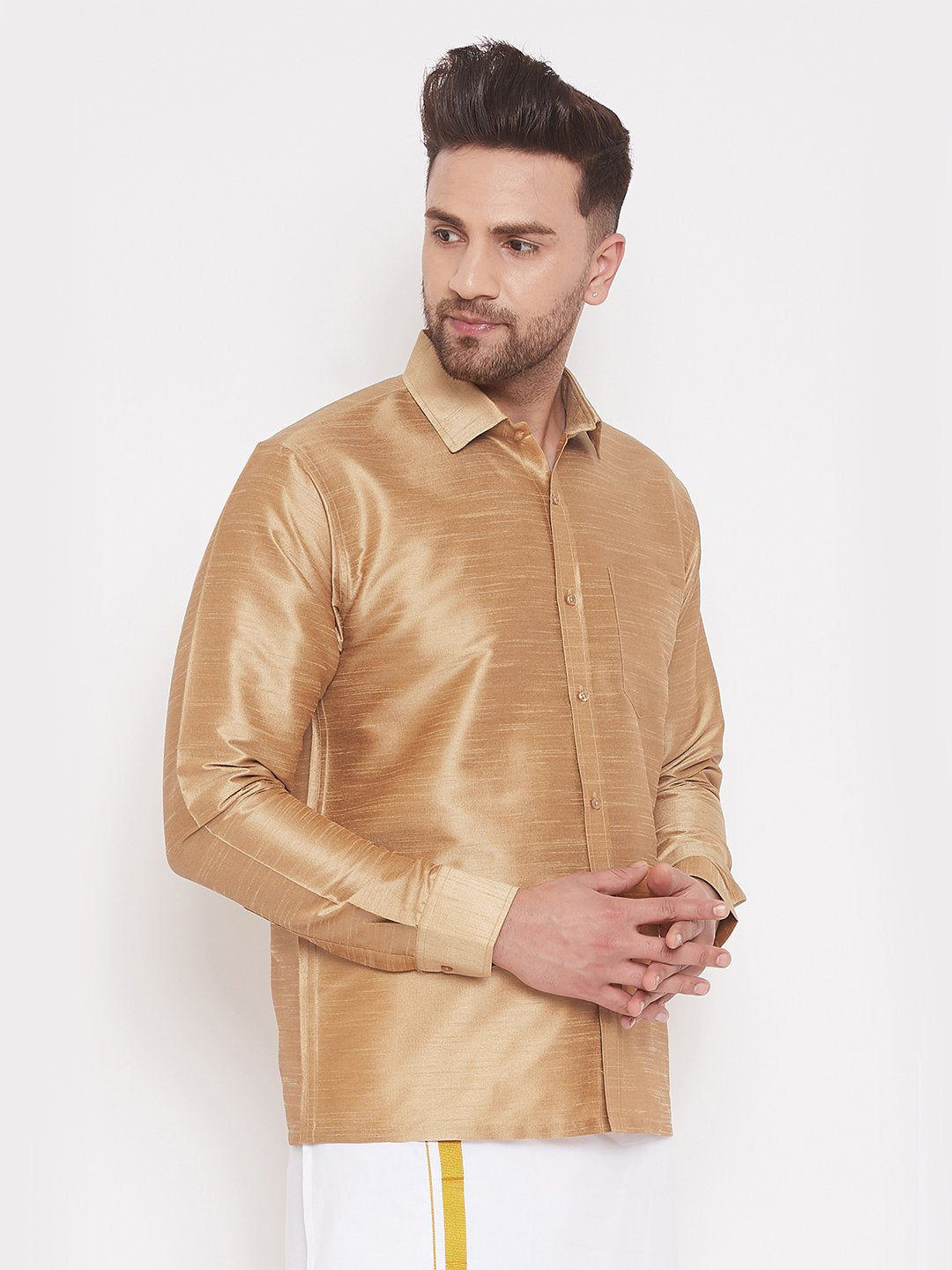 Men's Gold Cotton Silk Blend Ethnic Shirt - Vastramay