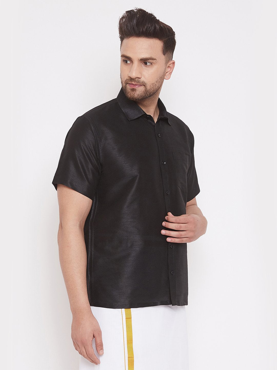Men's Black Cotton Silk Blend Ethnic Shirt - Vastramay