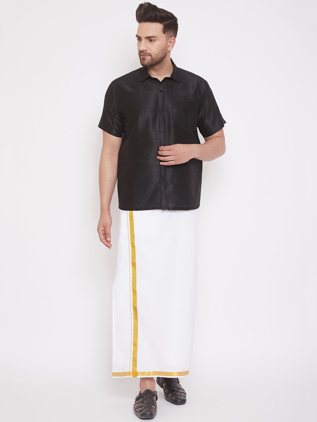Men's Black Cotton Silk Blend Ethnic Shirt - Vastramay
