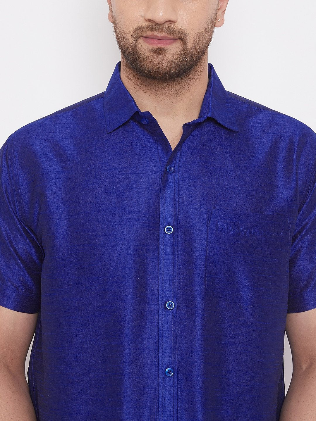 Men's Blue Cotton Silk Blend Ethnic Shirt - Vastramay