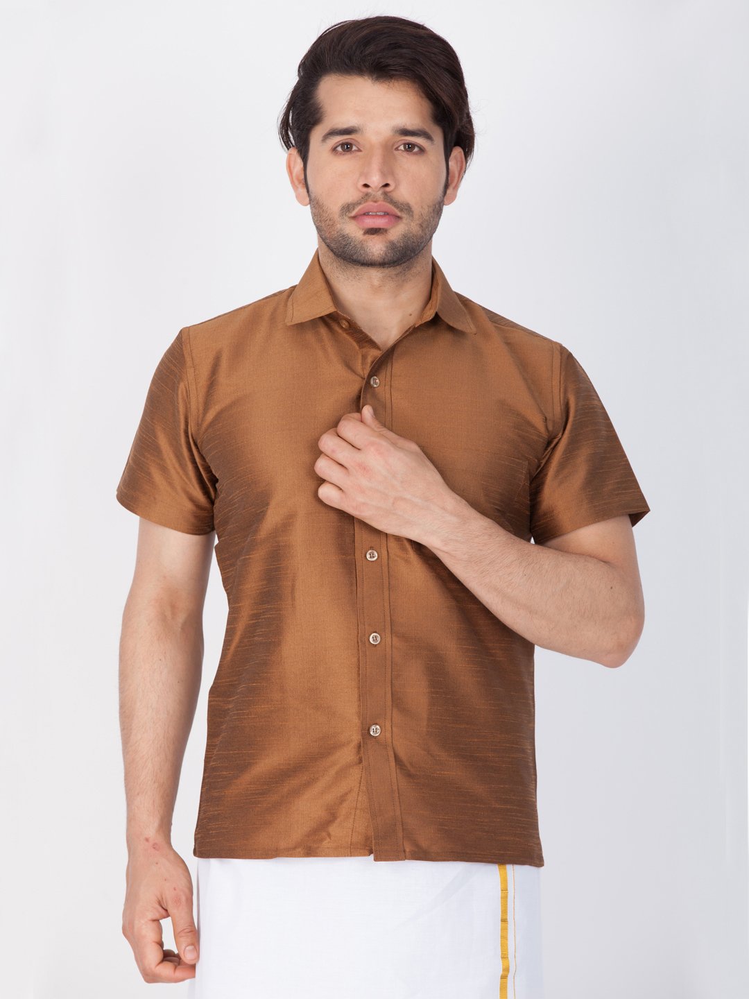 Men's Brown Cotton Silk Blend Ethnic Shirt