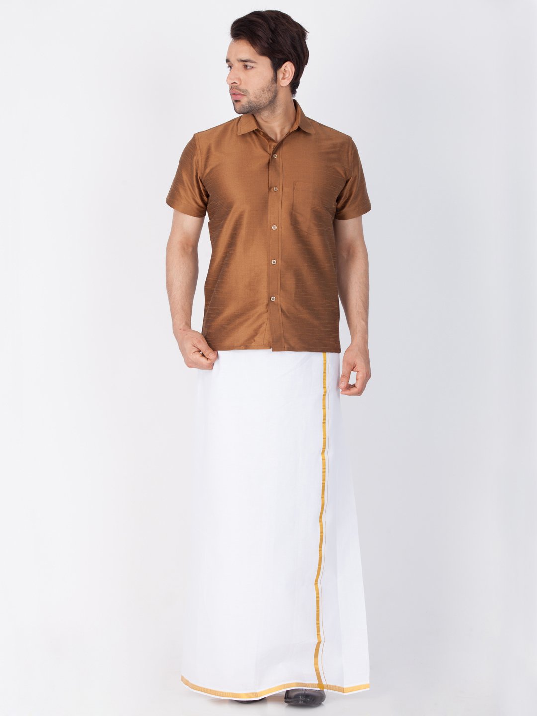 Men's Brown Cotton Silk Blend Ethnic Shirt - Vastramay