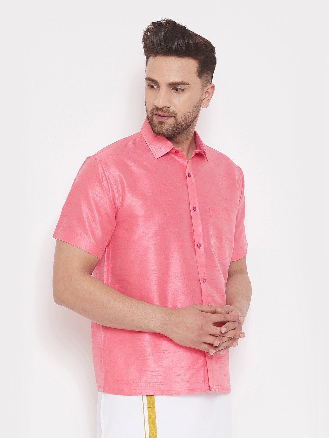 Men's Pink Cotton Silk Blend Ethnic Shirt - Vastramay