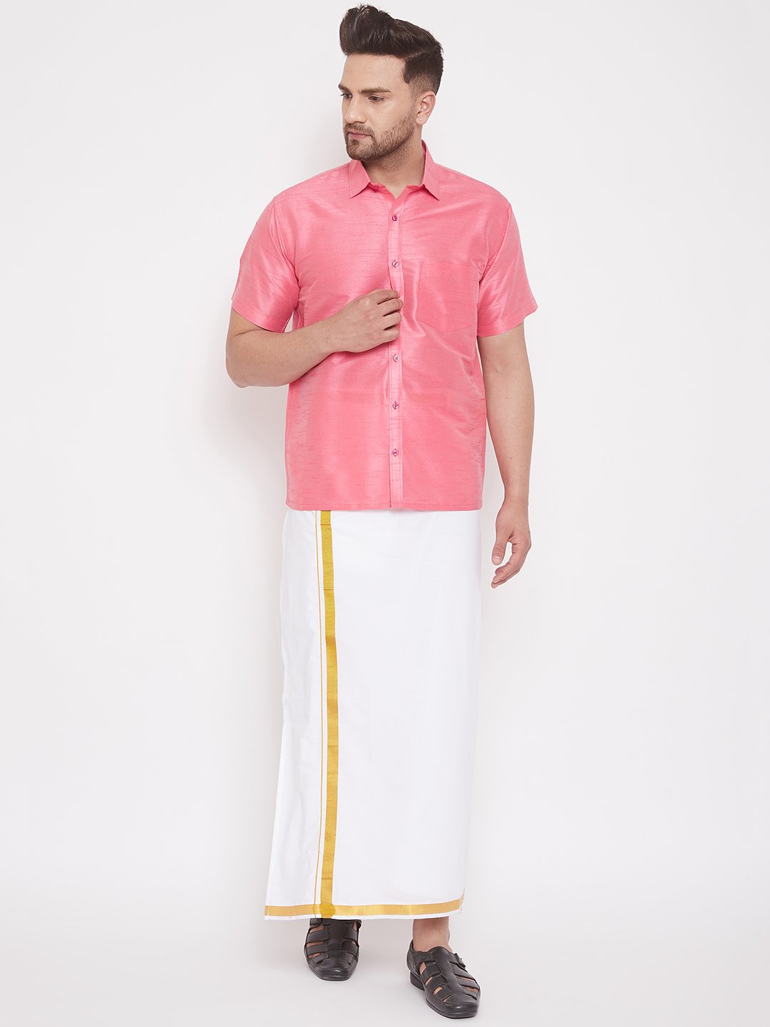 Men's Pink Cotton Silk Blend Ethnic Shirt - Vastramay
