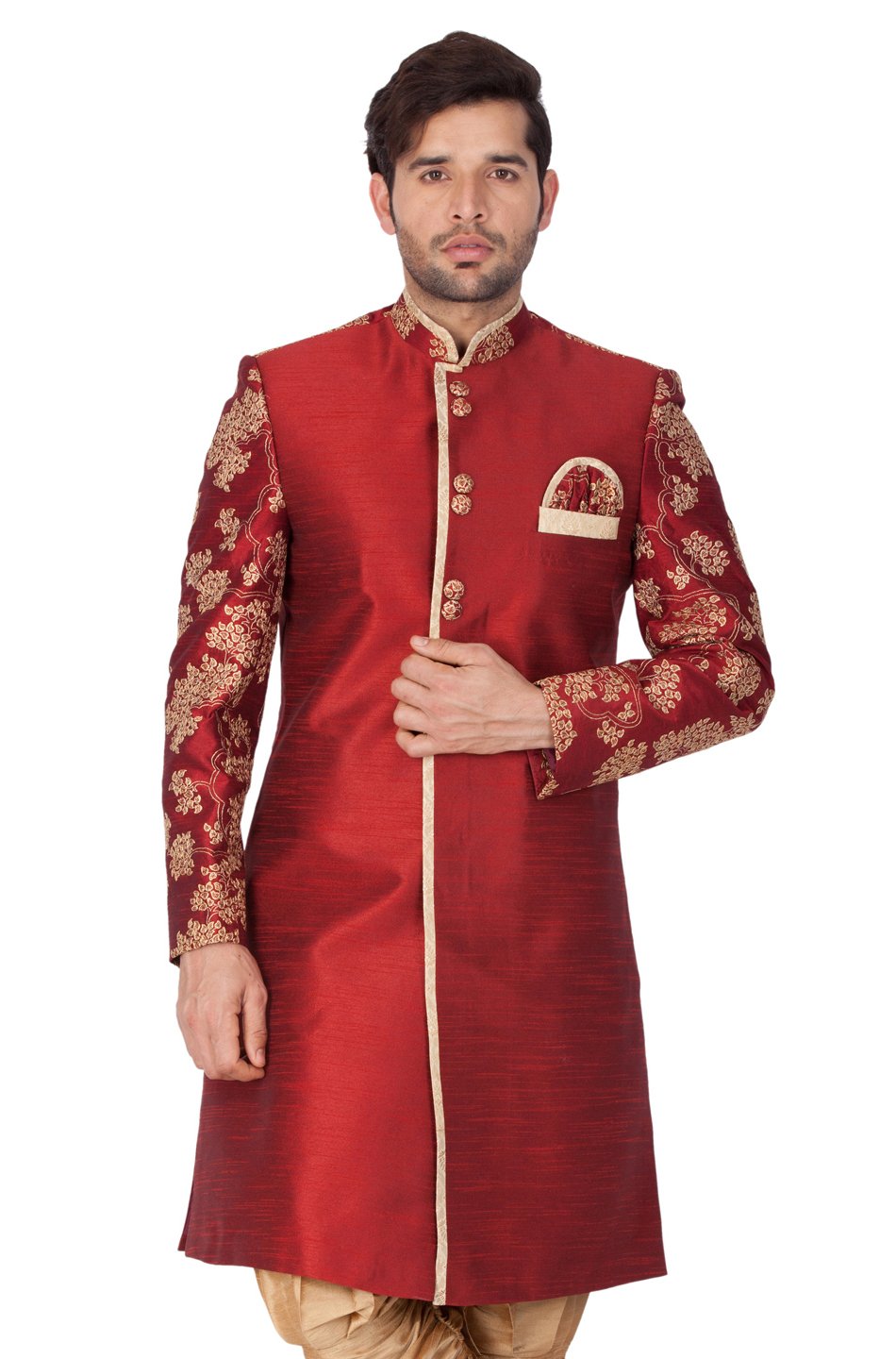 Men's Maroon Cotton Silk Blend Sherwani Only Top - Vastramay
