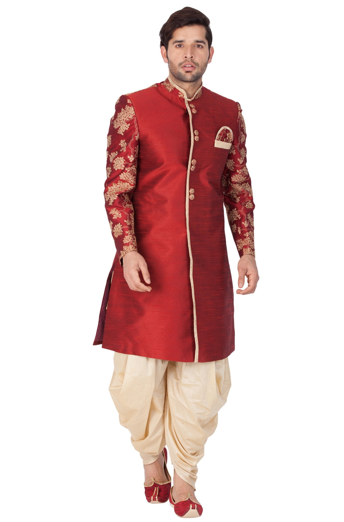 Men's Maroon Cotton Silk Blend Sherwani Only Top - Vastramay