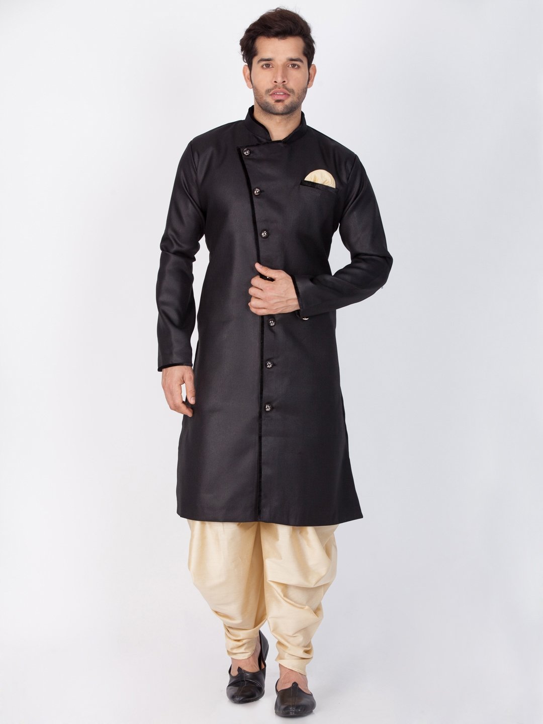 Men's Black Cotton Silk Blend Sherwani Only Top - Vastramay