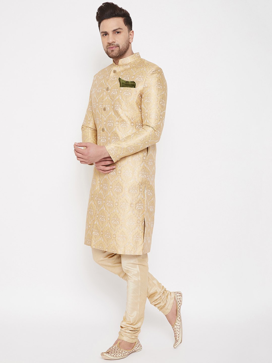 Men's Beige And Golden Brocade Jacquard Sherwani Set - Vastramay