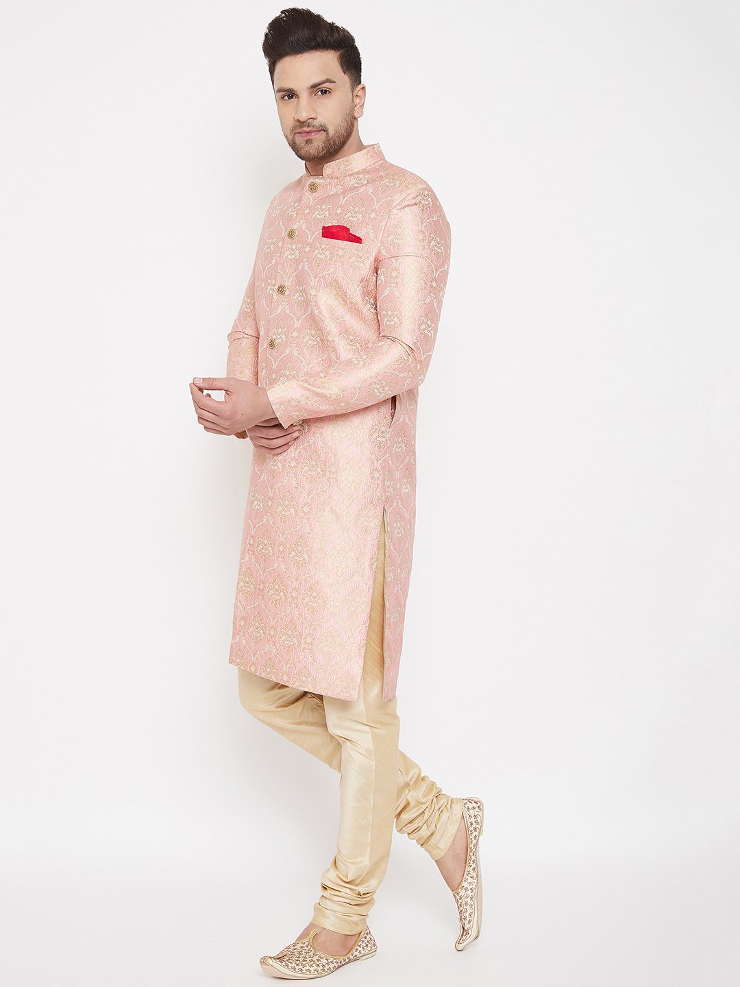 Men's Pink And Gold Brocade Jacquard Sherwani Set - Vastramay