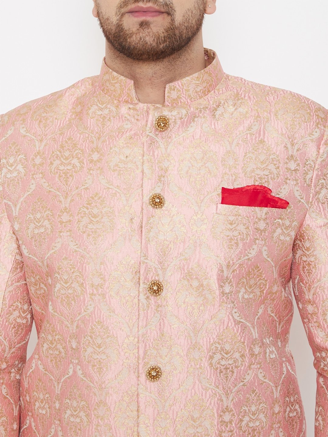 Men's Pink And Gold Brocade Jacquard Sherwani Set - Vastramay