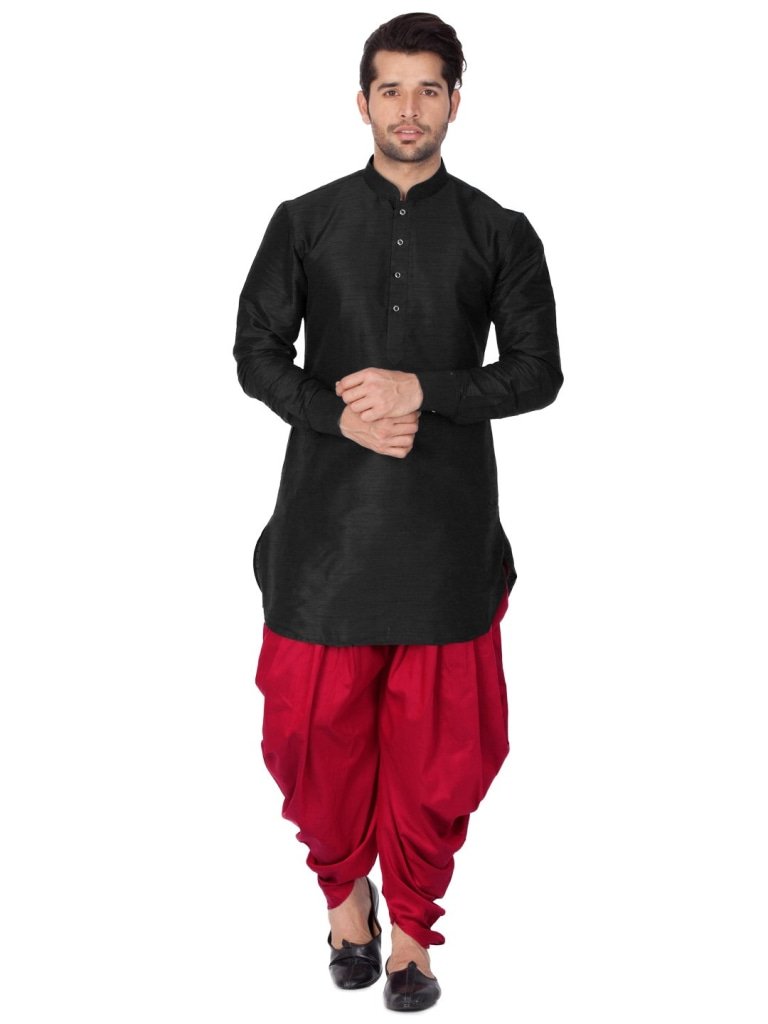 Men's Black Silk Blend Kurta and Dhoti Pant Set - Vastramay