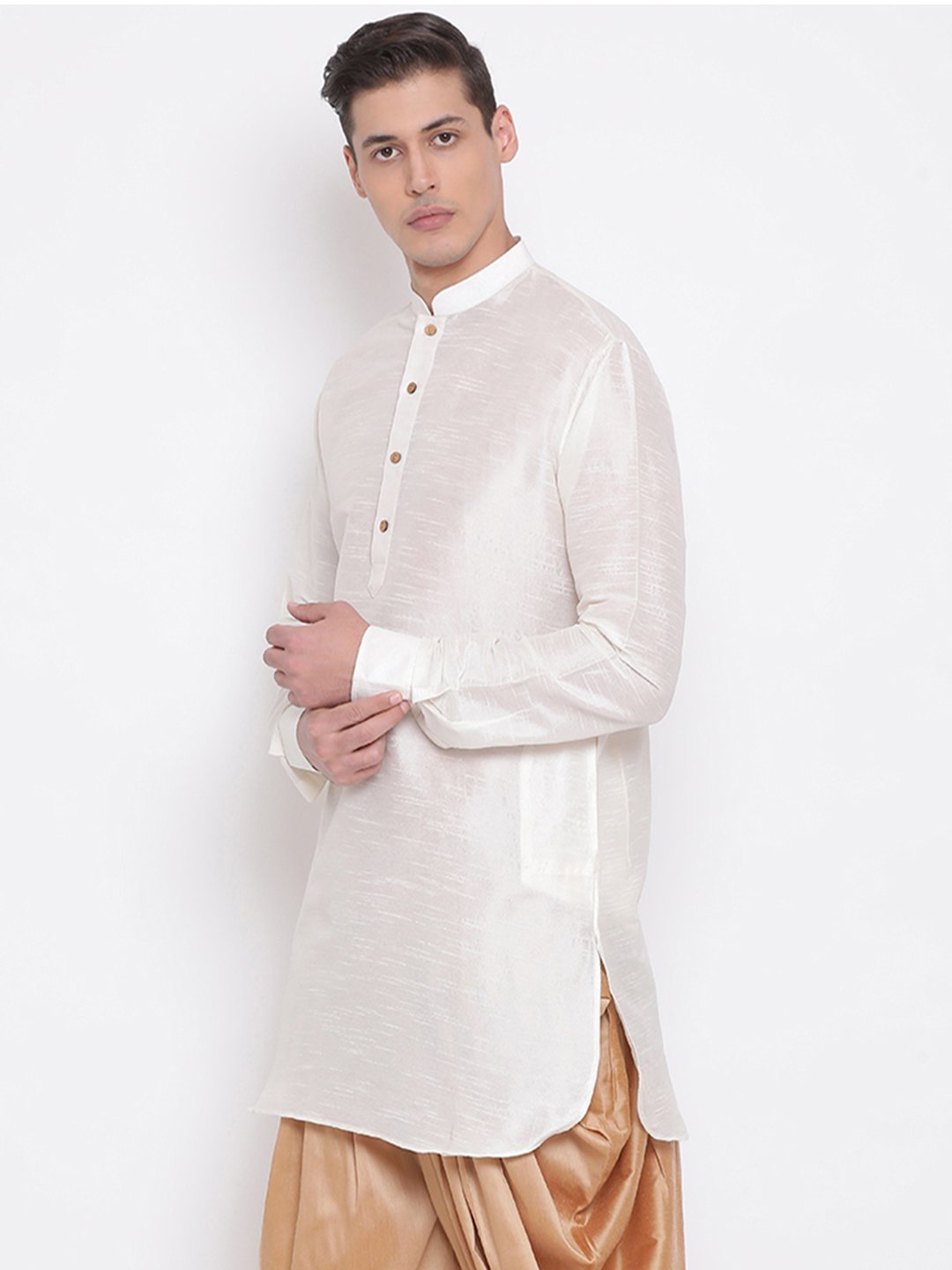 Men's Cream Silk Blend Pathani Style Kurta - Vastramay