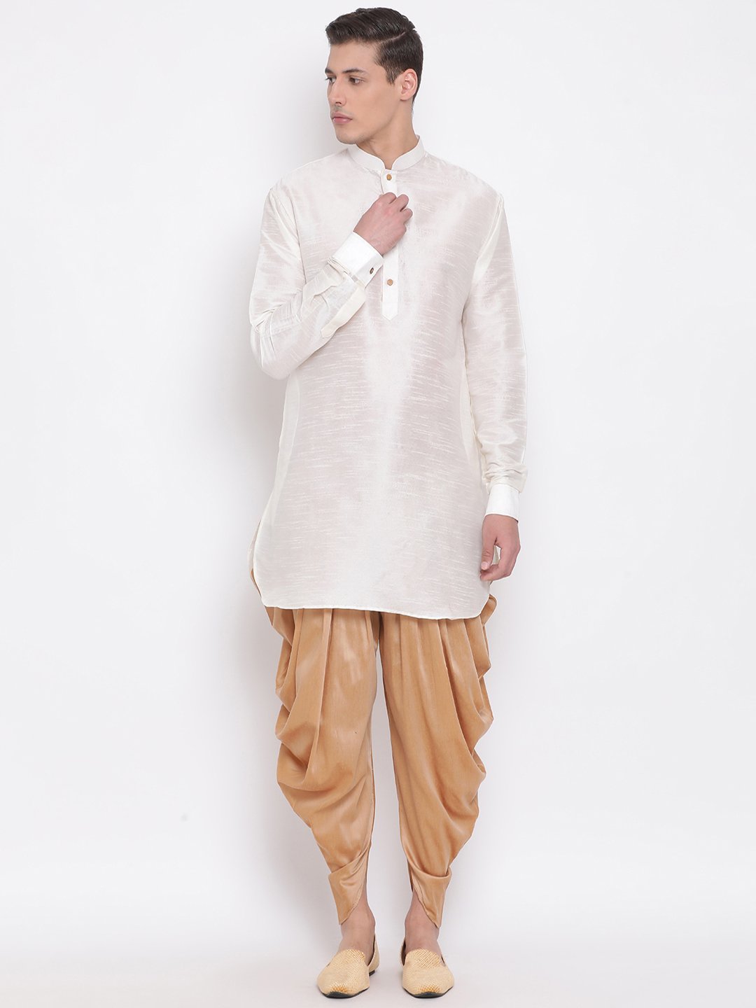 Men's Cream Silk Blend Pathani Style Kurta - Vastramay