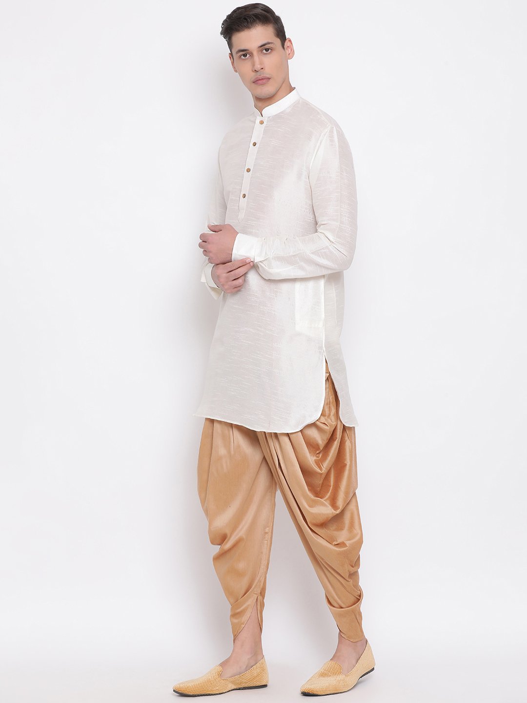 Men's Cream Silk Blend Kurta and Dhoti Pant Set - Vastramay