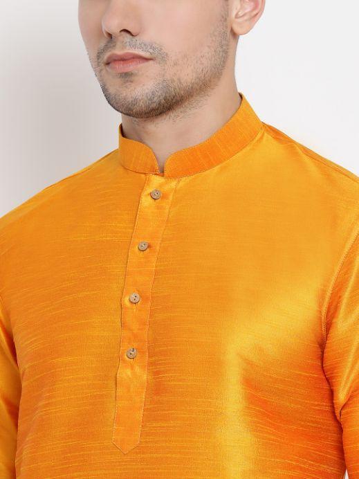 Men's Orange Silk Blend Kurta and Dhoti Pant Set - Vastramay