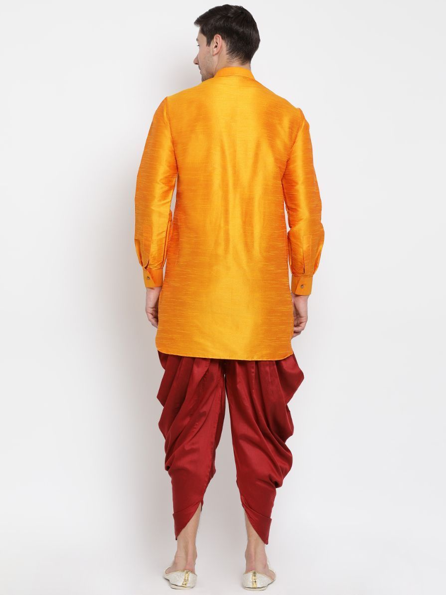 Men's Orange Silk Blend Kurta and Dhoti Pant Set - Vastramay