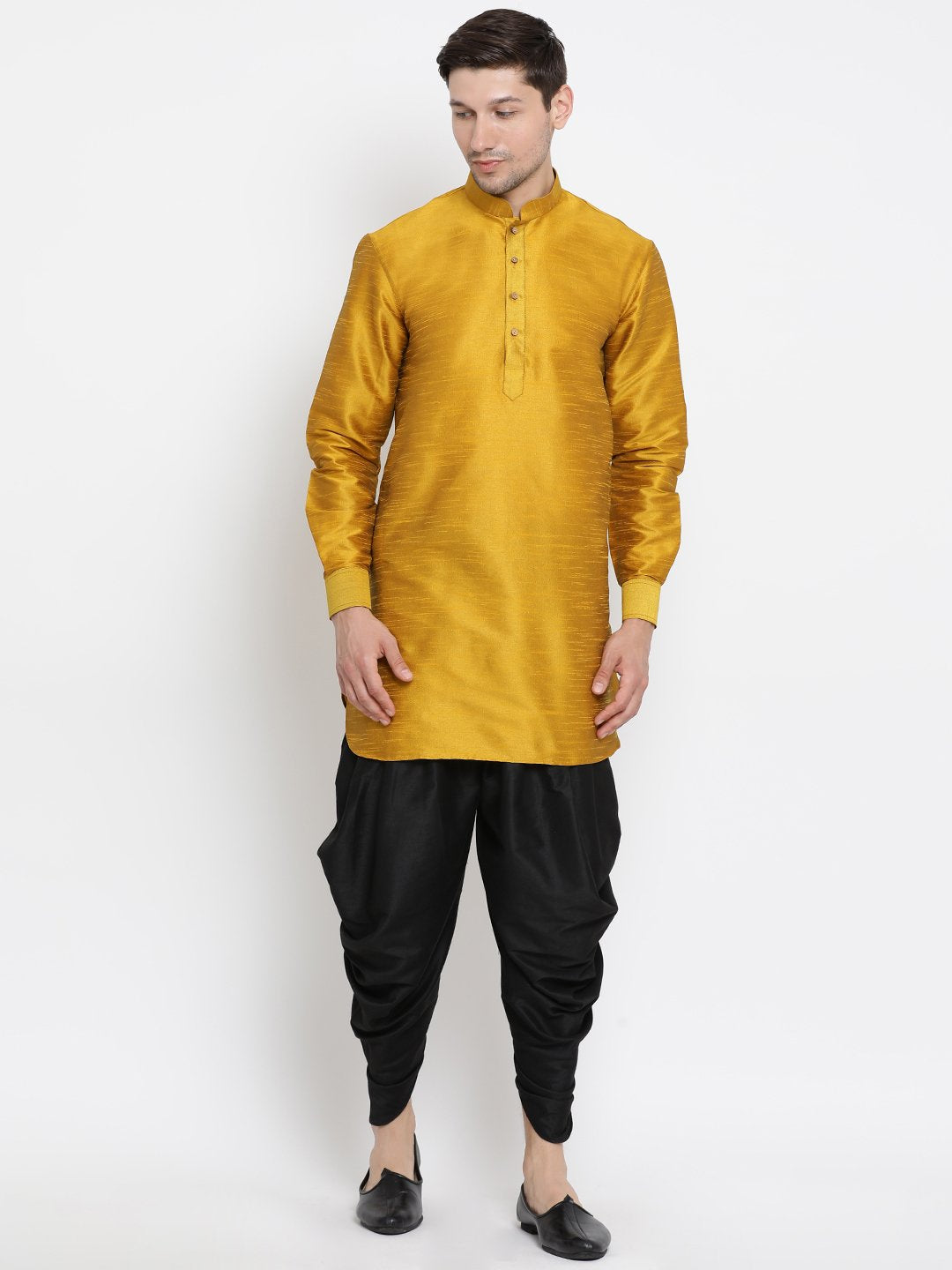 Men's Gold Cotton Silk Blend Kurta and Dhoti Pant Set - Vastramay