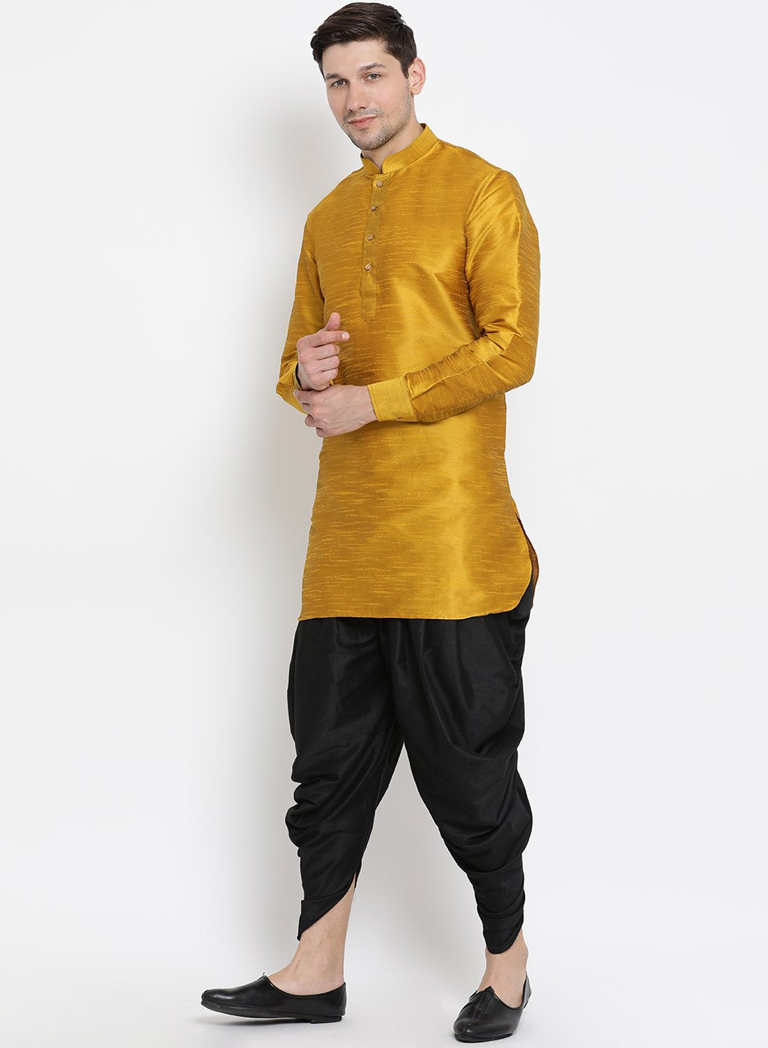 Men's Gold Cotton Silk Blend Kurta and Dhoti Pant Set - Vastramay