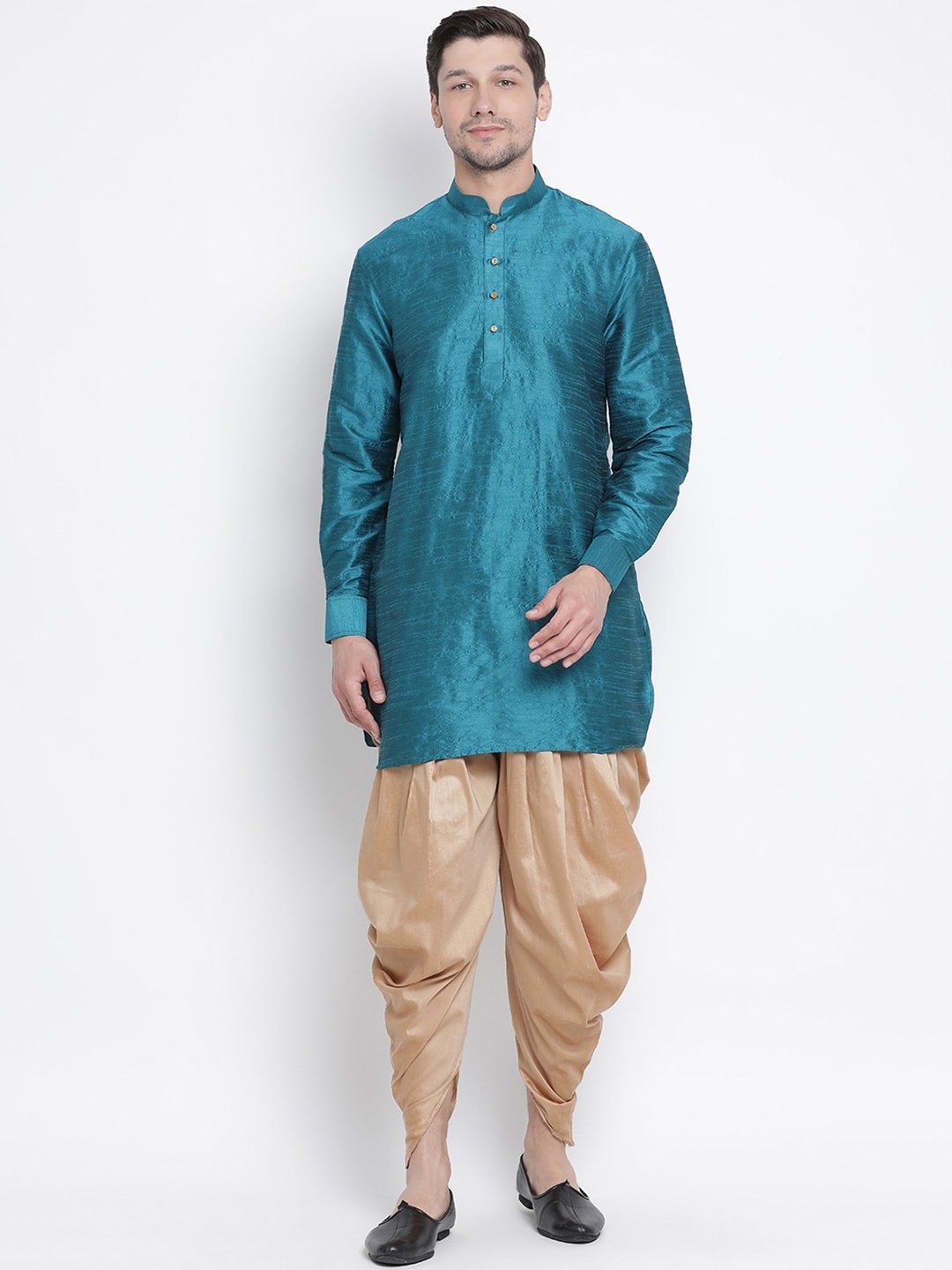 Men's Dark Green Cotton Silk Blend Kurta and Dhoti Pant Set