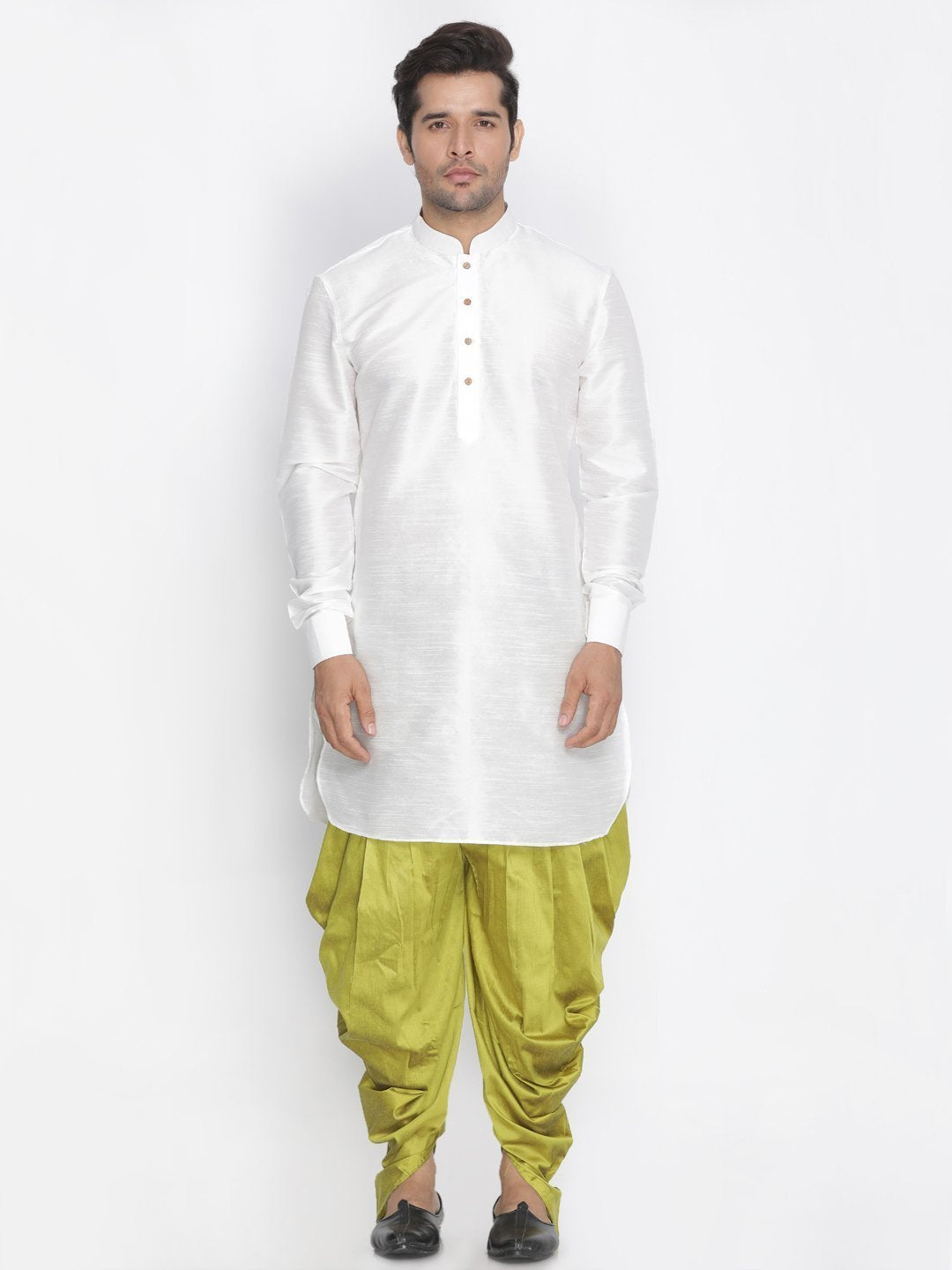 Men's White Silk Blend Kurta and Dhoti Pant Set