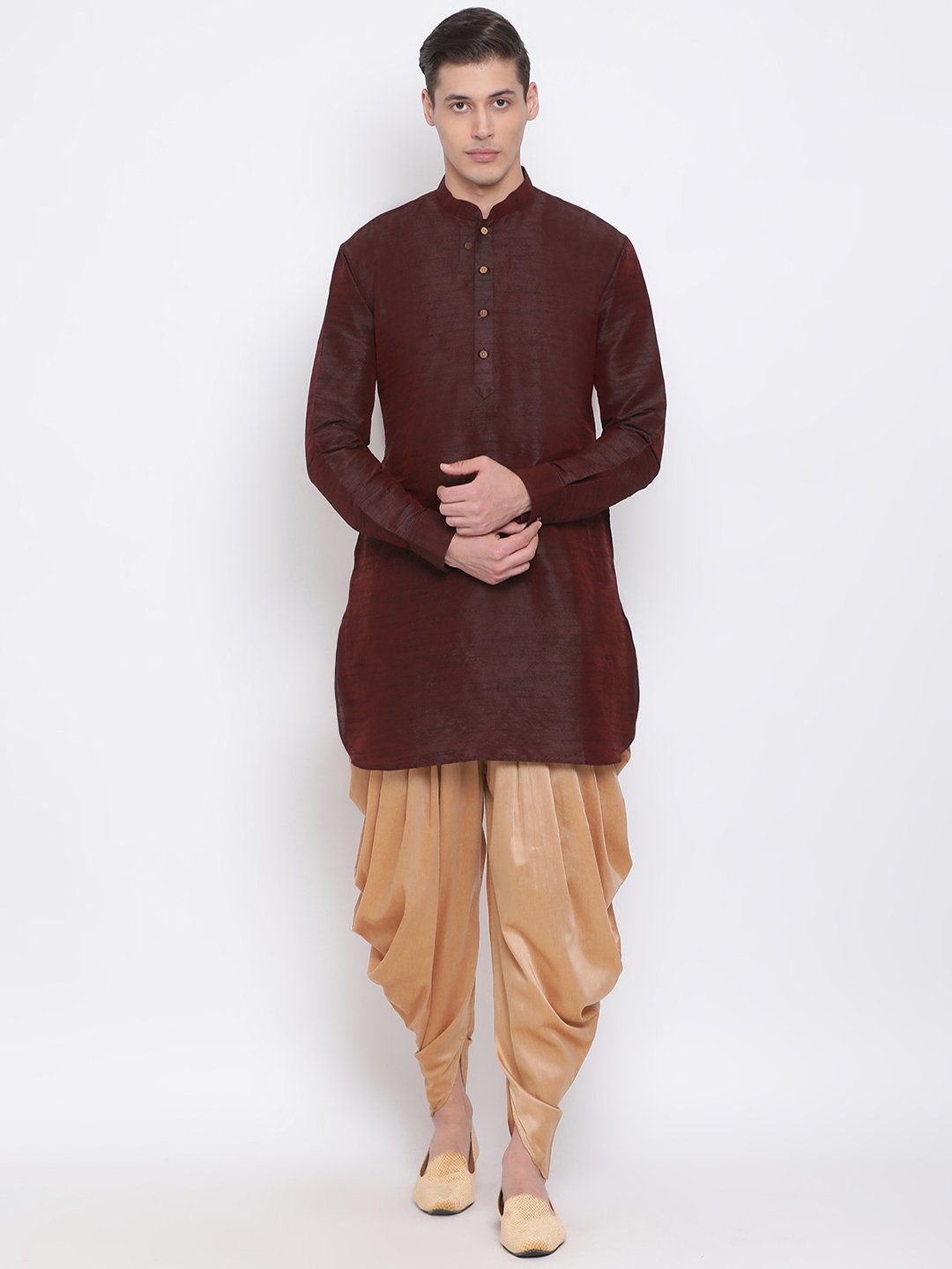 Men's Burgundy Silk Blend Pathani Style Kurta - Vastramay