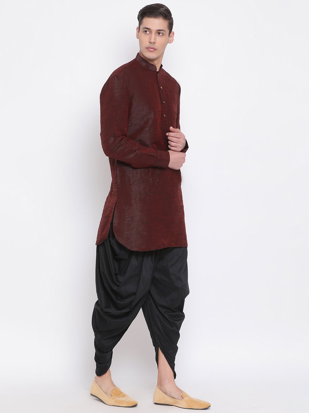 Men's Burgundy Silk Blend Kurta and Dhoti Pant Set - Vastramay
