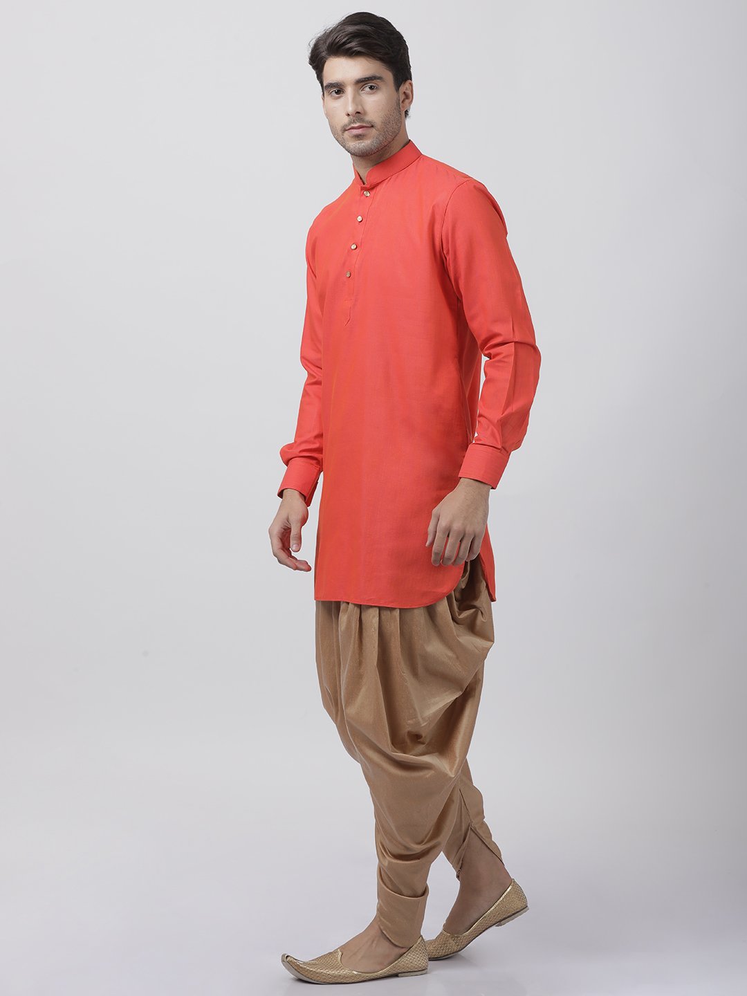 Men's Orange Cotton Kurta and Dhoti Pant Set
