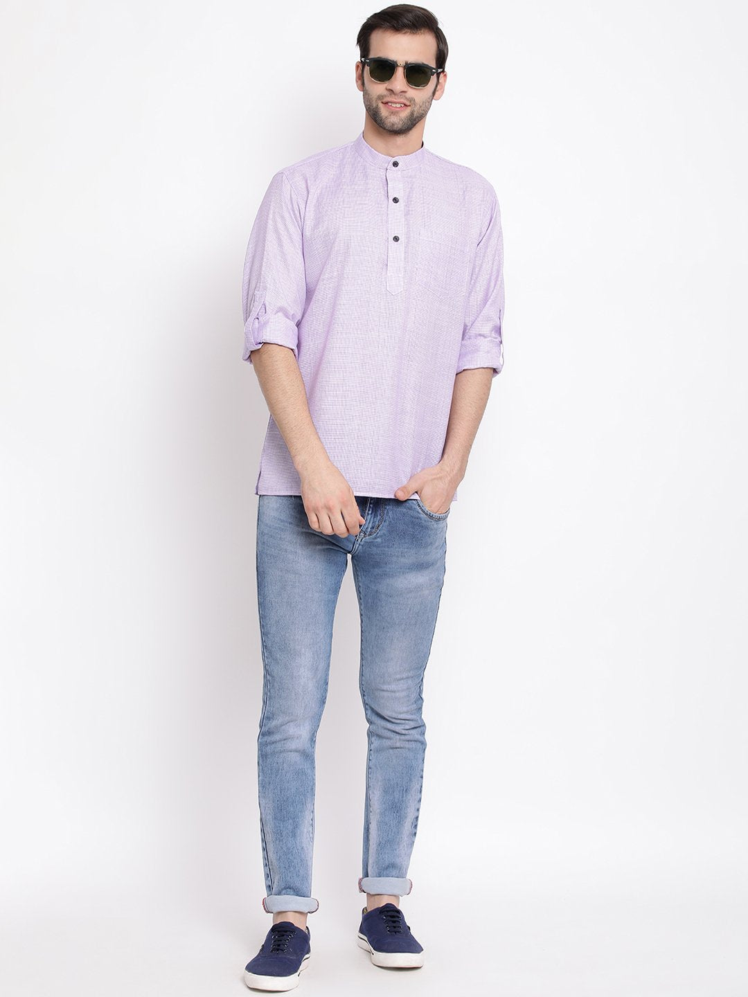 Men's Purple Cotton Blend Short Kurta - Vastramay