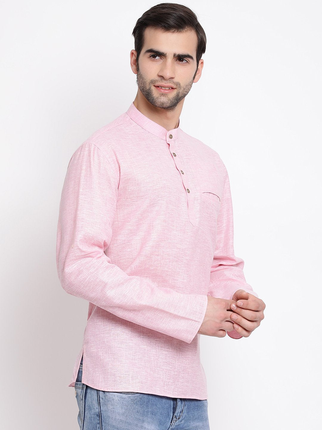 Men's Pink Cotton Blend Short Kurta - Vastramay