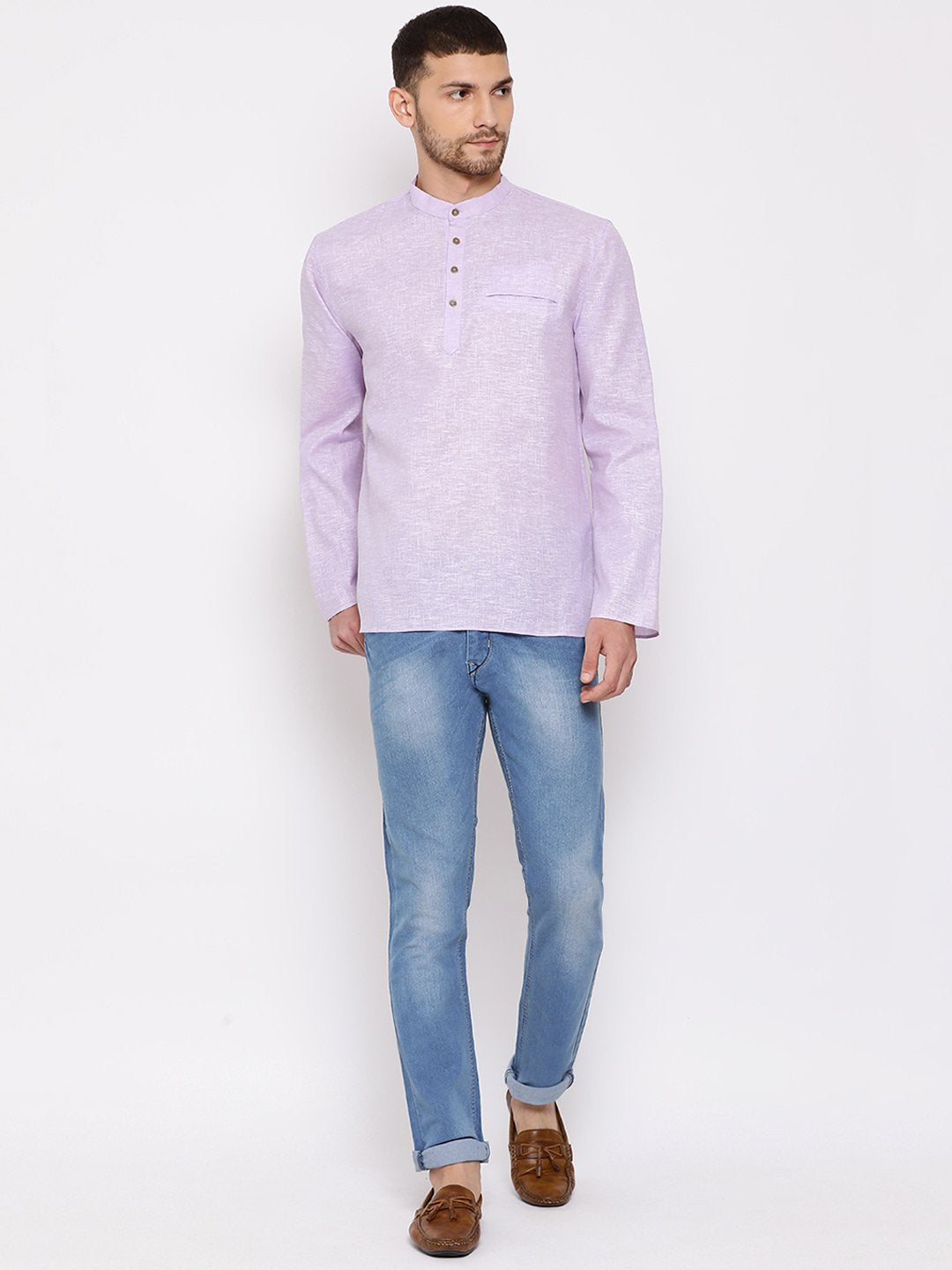 Men's Purple Cotton Blend Short Kurta - Vastramay