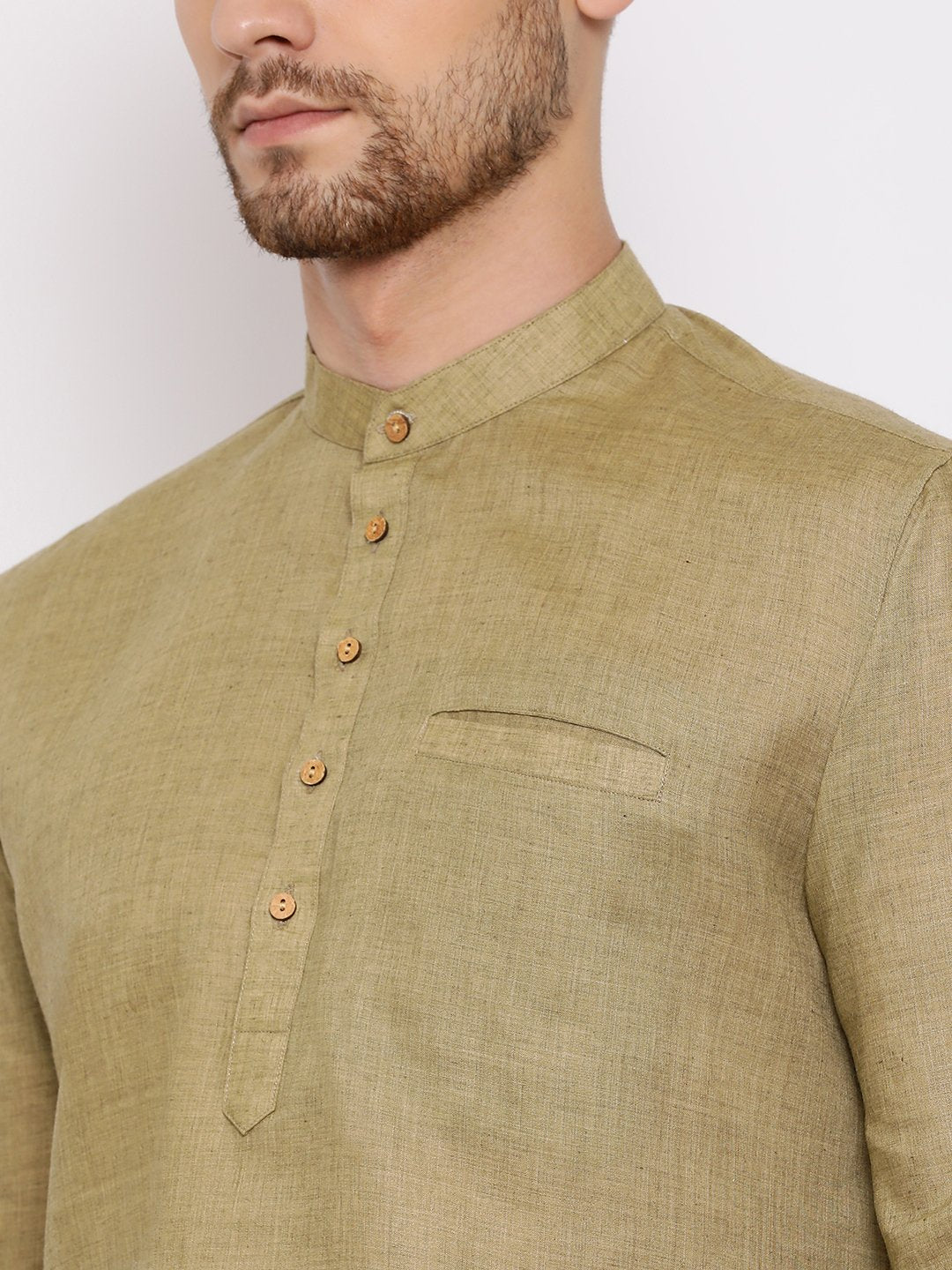 Men's Green Cotton Blend Short Kurta - Vastramay