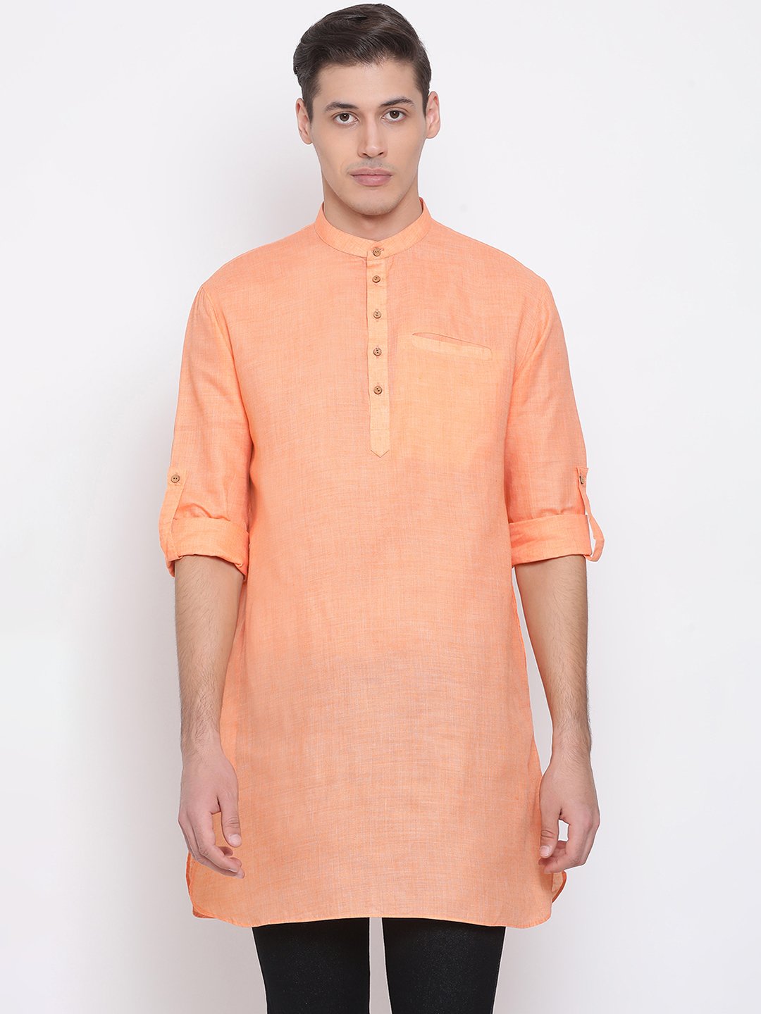 Men's Orange Cotton Blend Short Kurta - Vastramay
