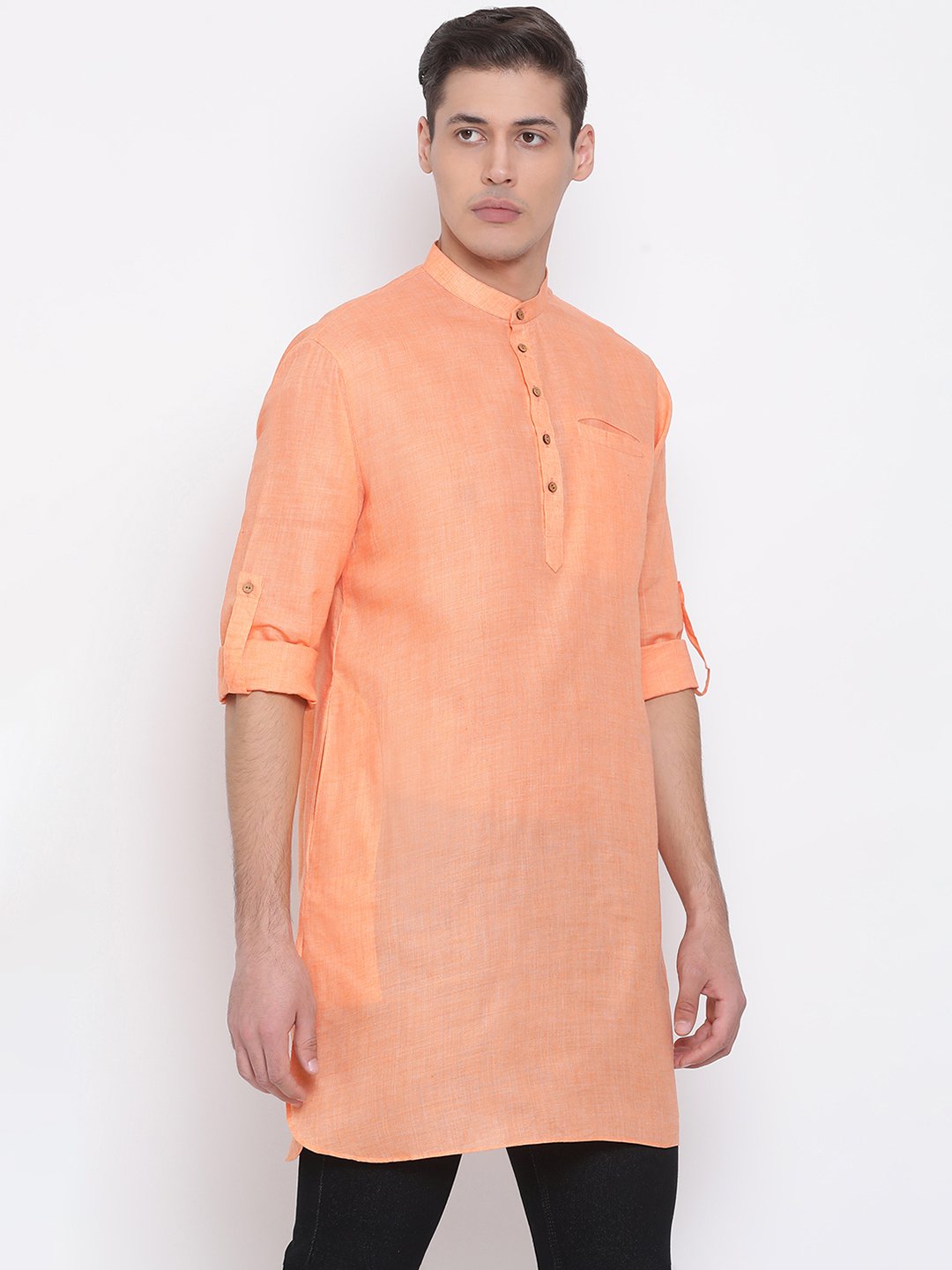 Men's Orange Cotton Blend Short Kurta - Vastramay