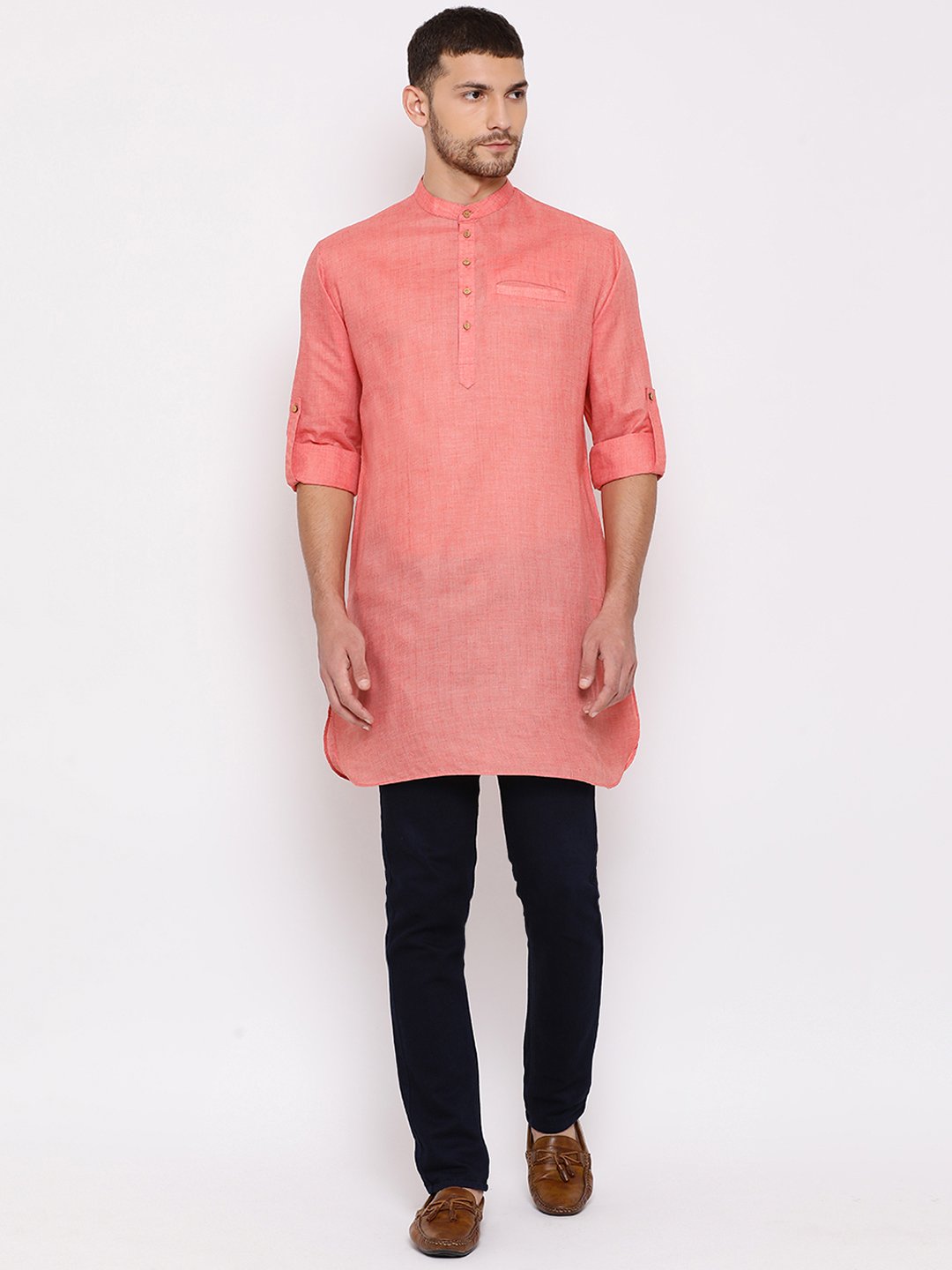 Men's Pink Cotton Blend Short Kurta - Vastramay