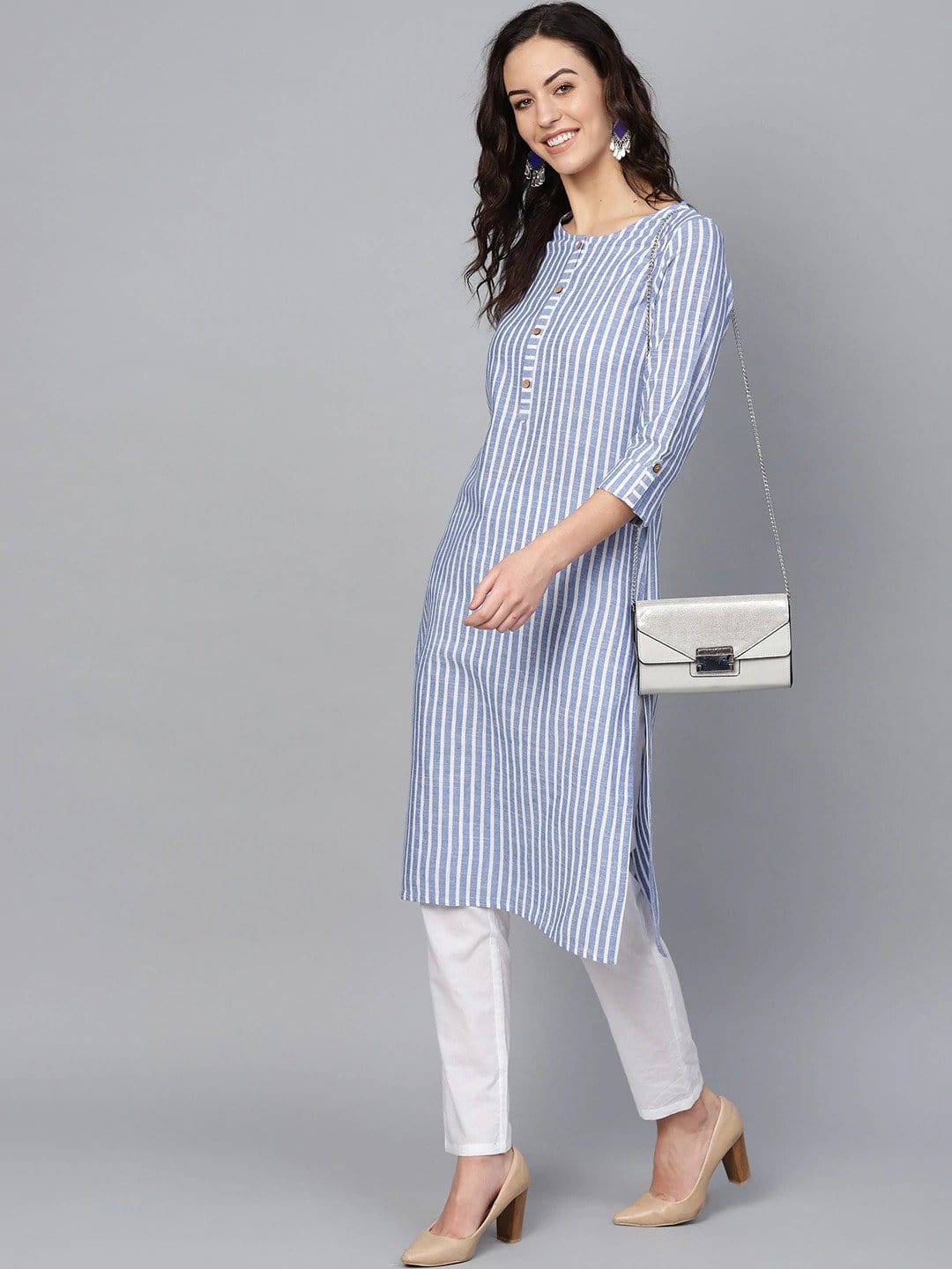 Women's KSUT Blue & White Striped Handloom Straight Kurta - Varanga