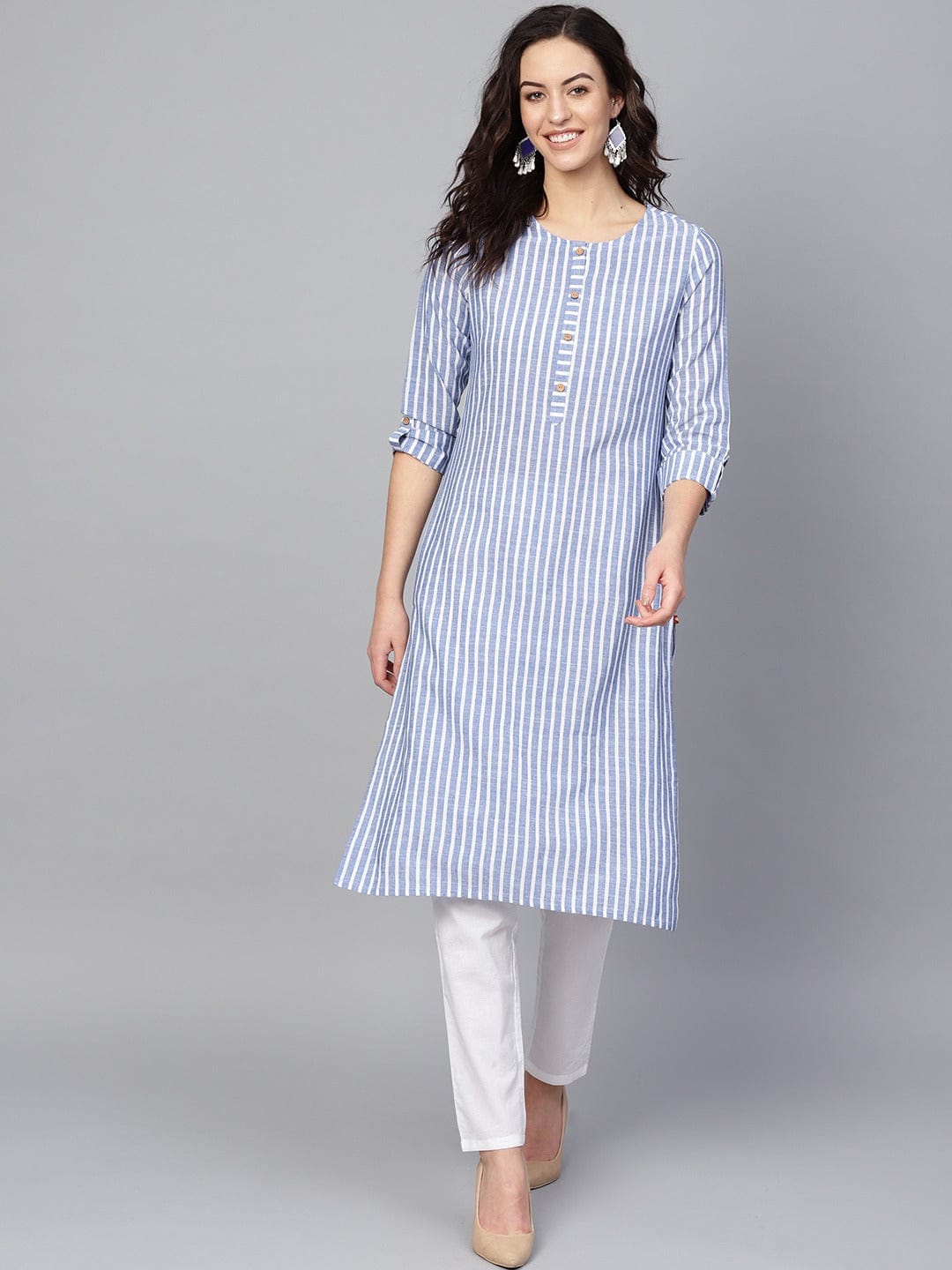 Women's KSUT Blue & White Striped Handloom Straight Kurta - Varanga