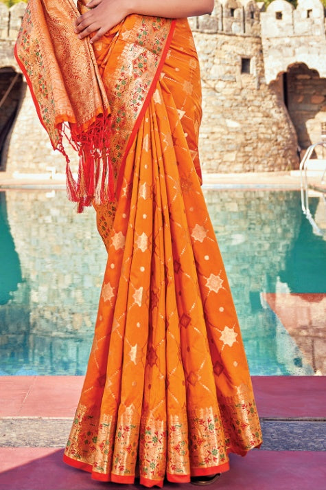 Women's Sienna Orange Banarasi Saree - Karagiri