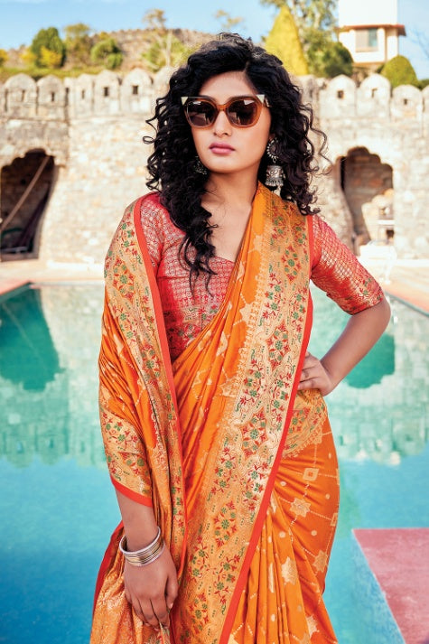 Women's Sienna Orange Banarasi Saree - Karagiri