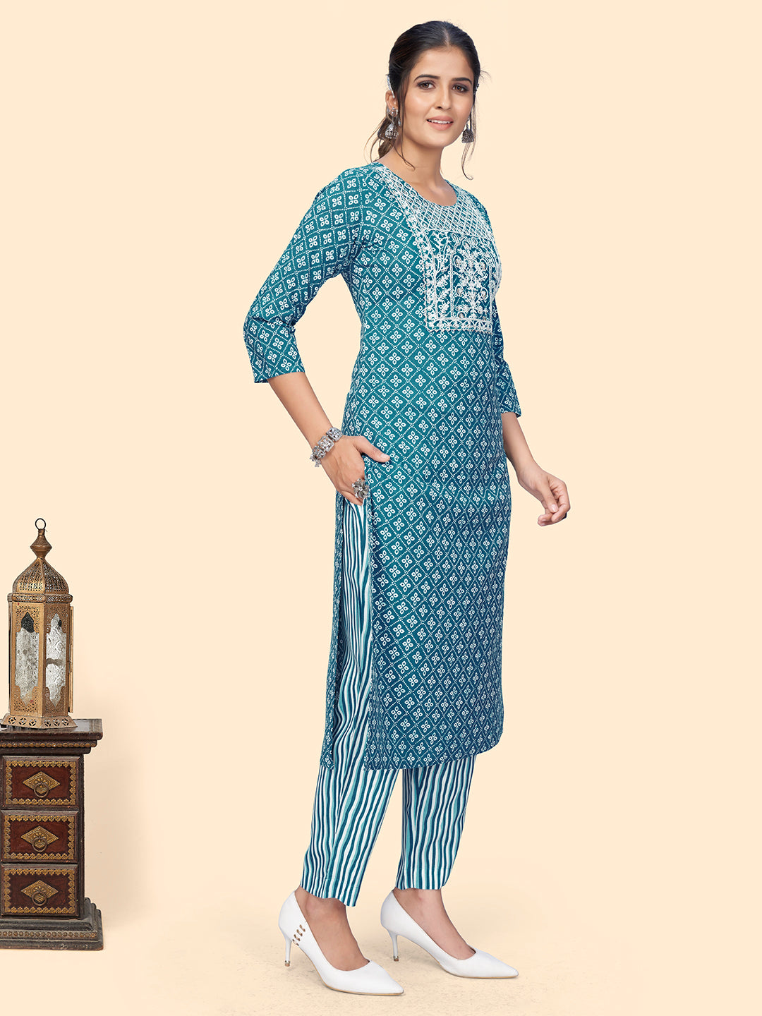 Women's Print & Embroidered Straight Rayon Blue Stitched Kurta Pant With Dupatta - Vbuyz