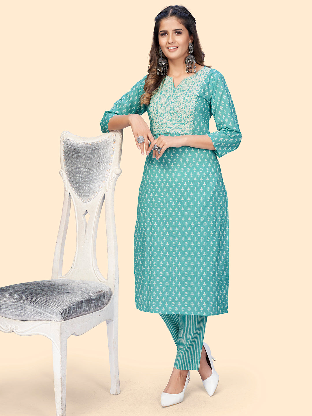 Women's Print & Embroidered Straight Cotton Turquoise Stitched Kurta With Pant - Vbuyz