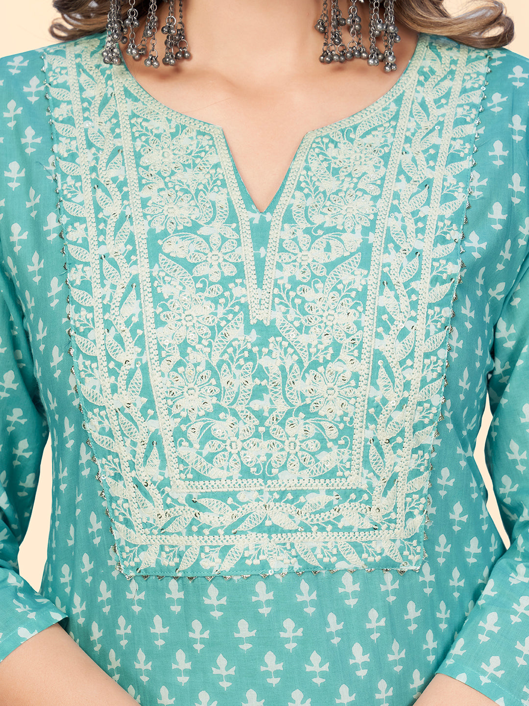 Women's Print & Embroidered Straight Cotton Turquoise Stitched Kurta - Vbuyz