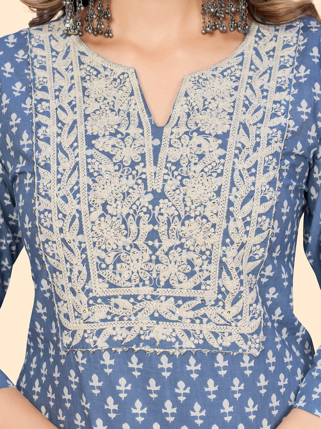 Women's Print & Embroidered Straight Cotton Blue Stitched Kurta - Vbuyz