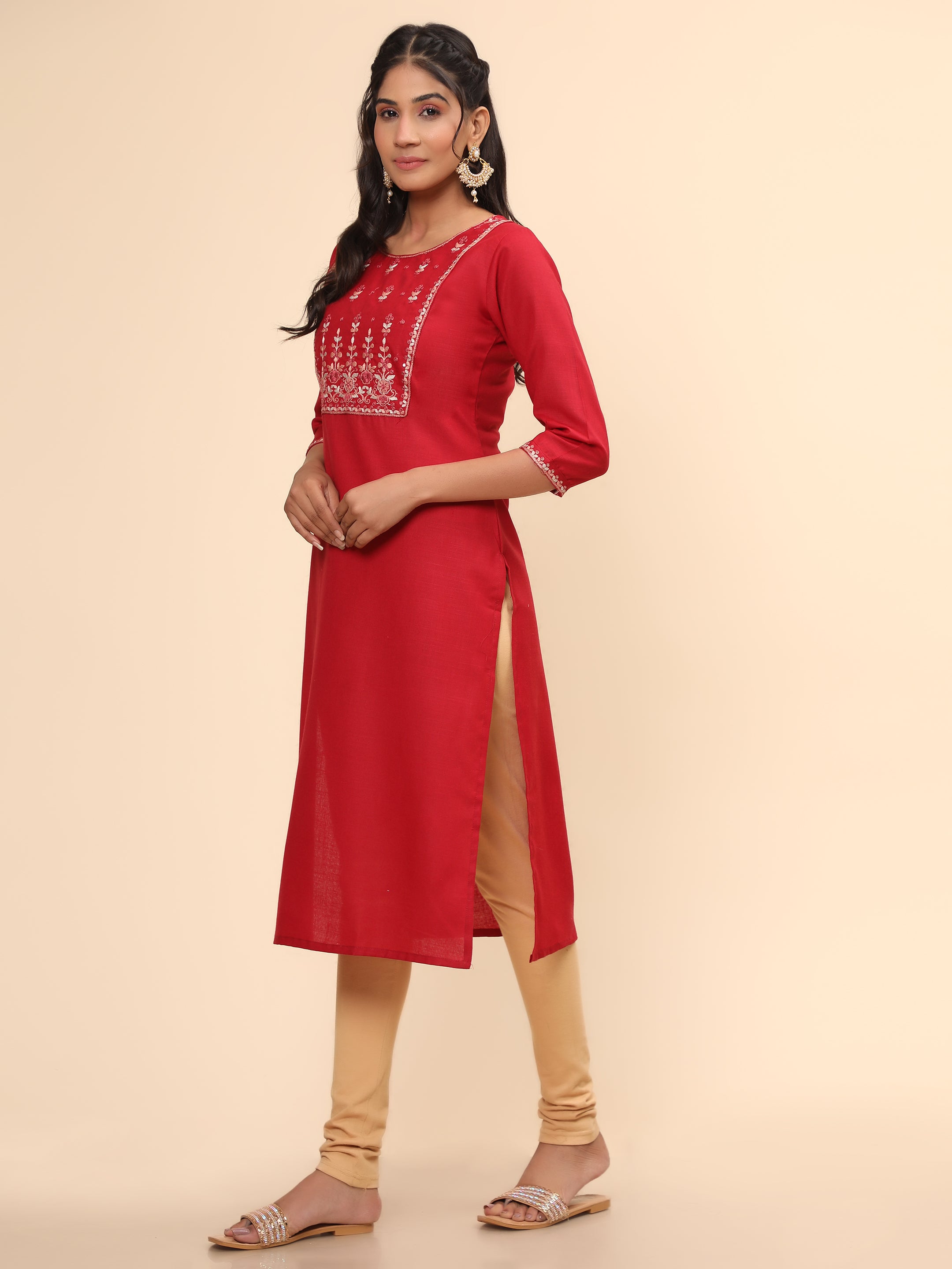 Women's Embroidered Straight Cotton Blend Red Stitched Kurta - Vbuyz
