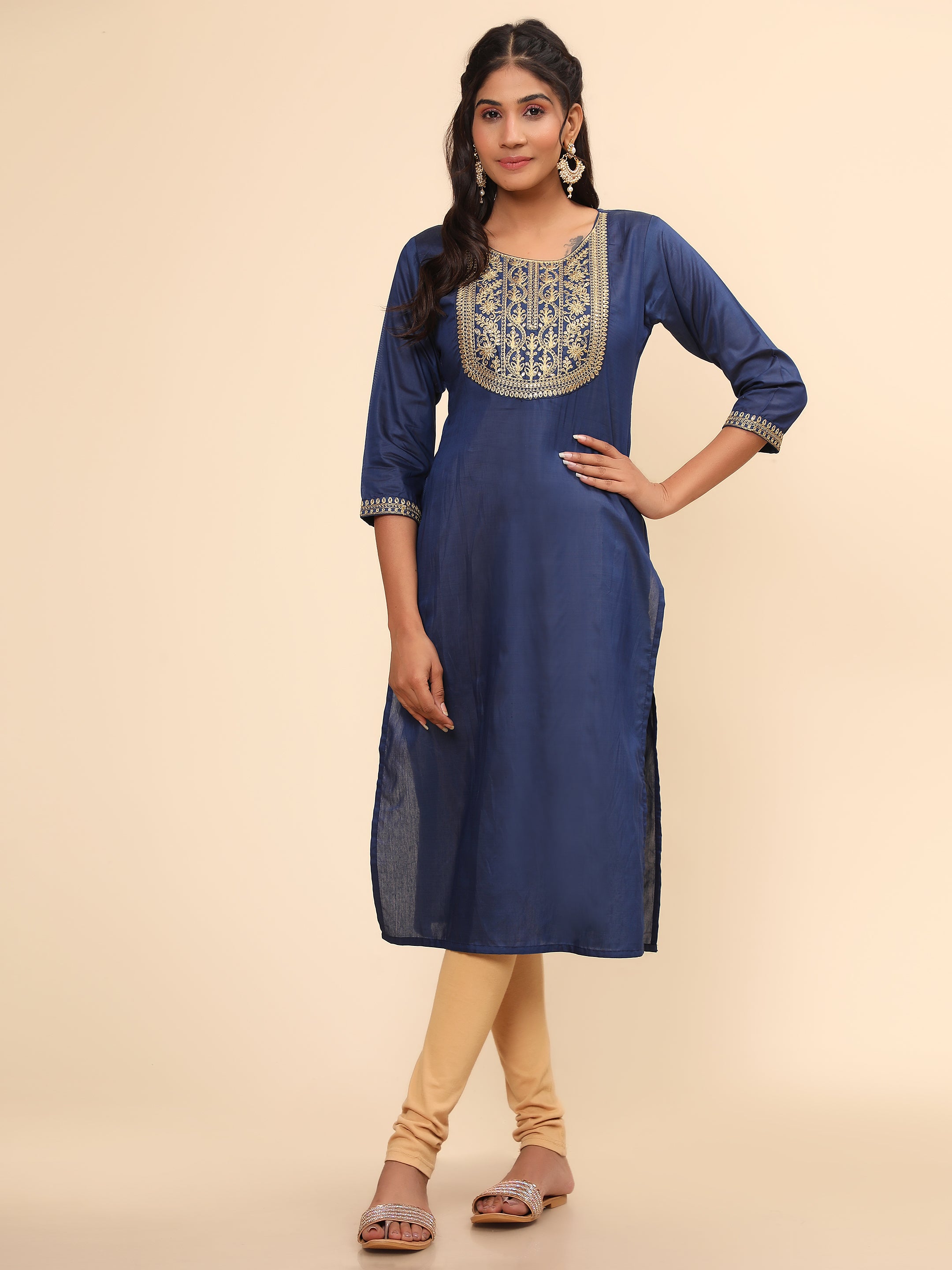Women's Embroidered Straight Chanderi Blue Stitched Kurta - Vbuyz