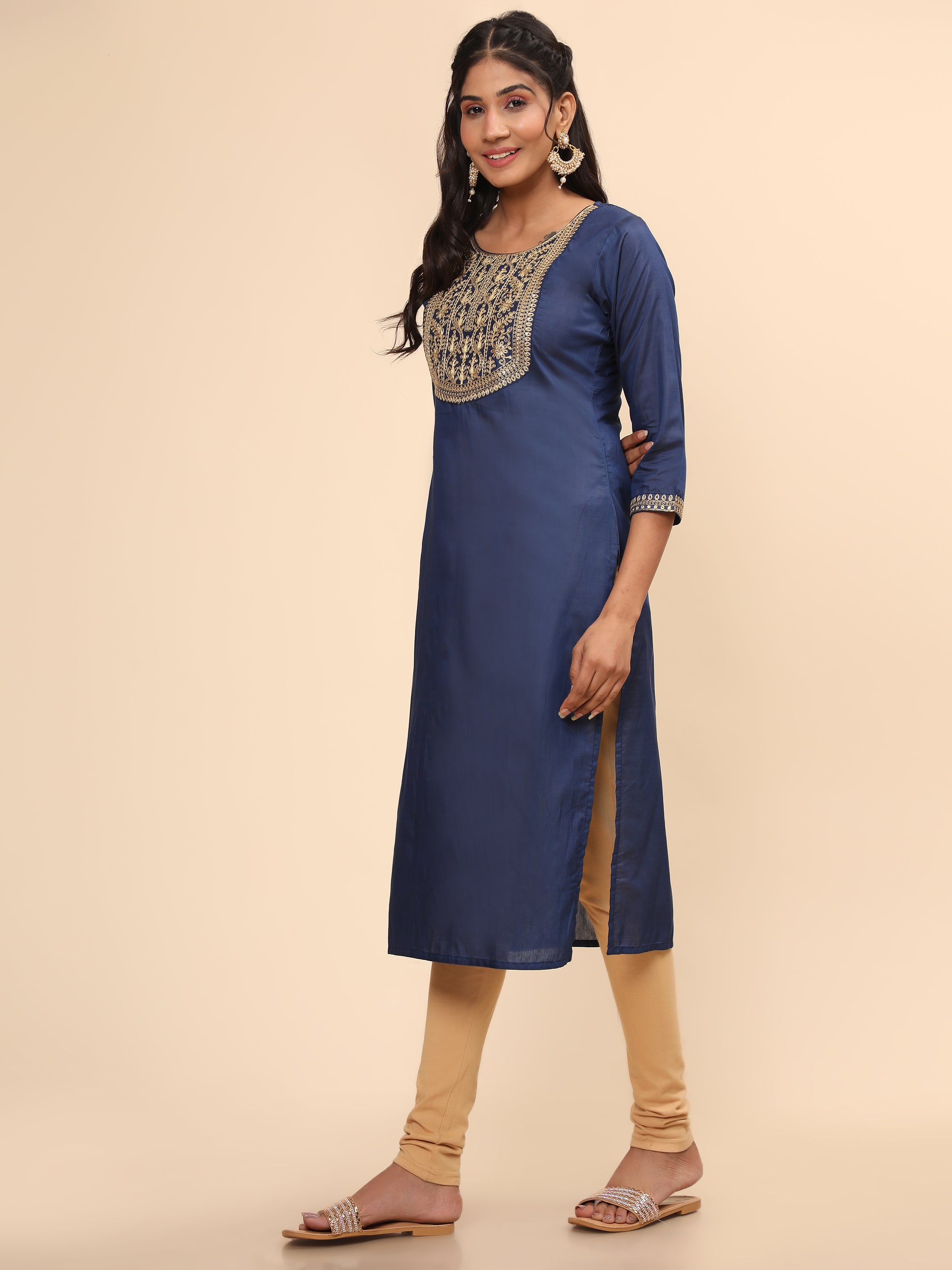 Women's Embroidered Straight Chanderi Blue Stitched Kurta - Vbuyz