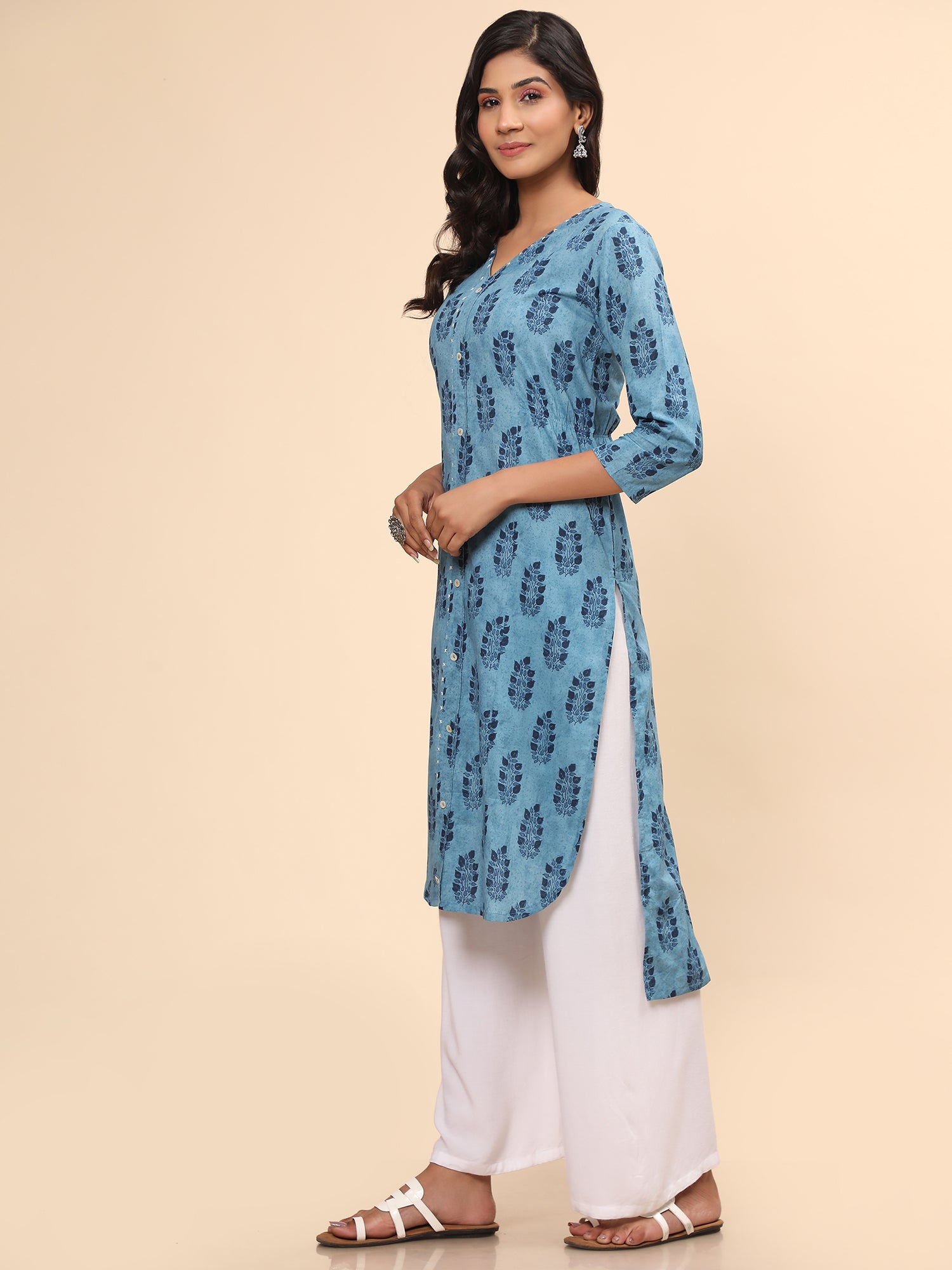 Women's Printed Asymmetric Cotton Blue Stitched Kurta - Vbuyz