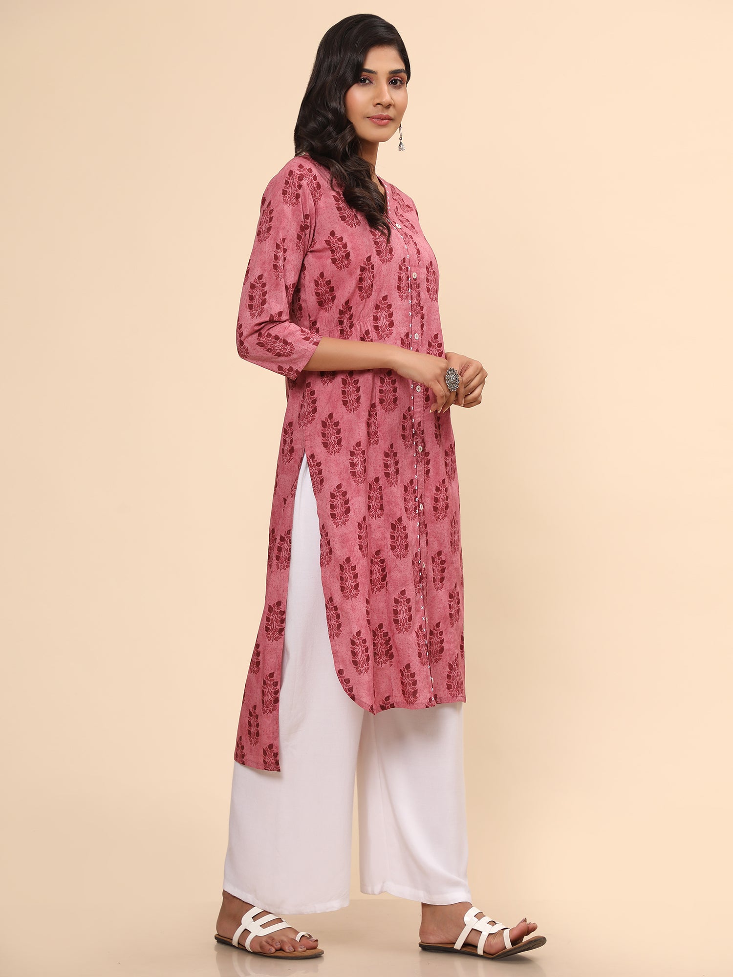 Women's Printed Asymmetric Cotton Pink Stitched Kurta - Vbuyz