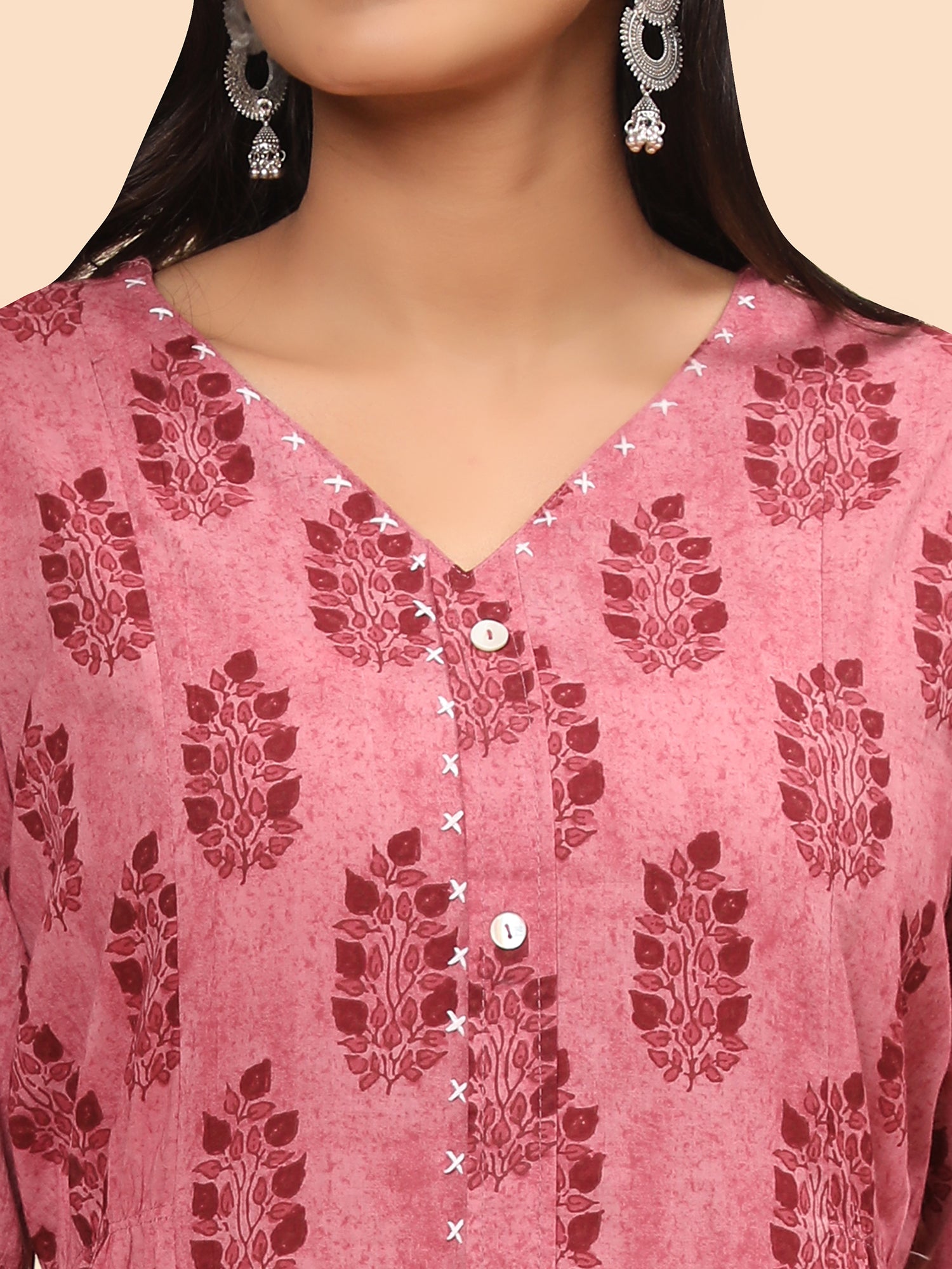 Women's Printed Asymmetric Cotton Pink Stitched Kurta - Vbuyz