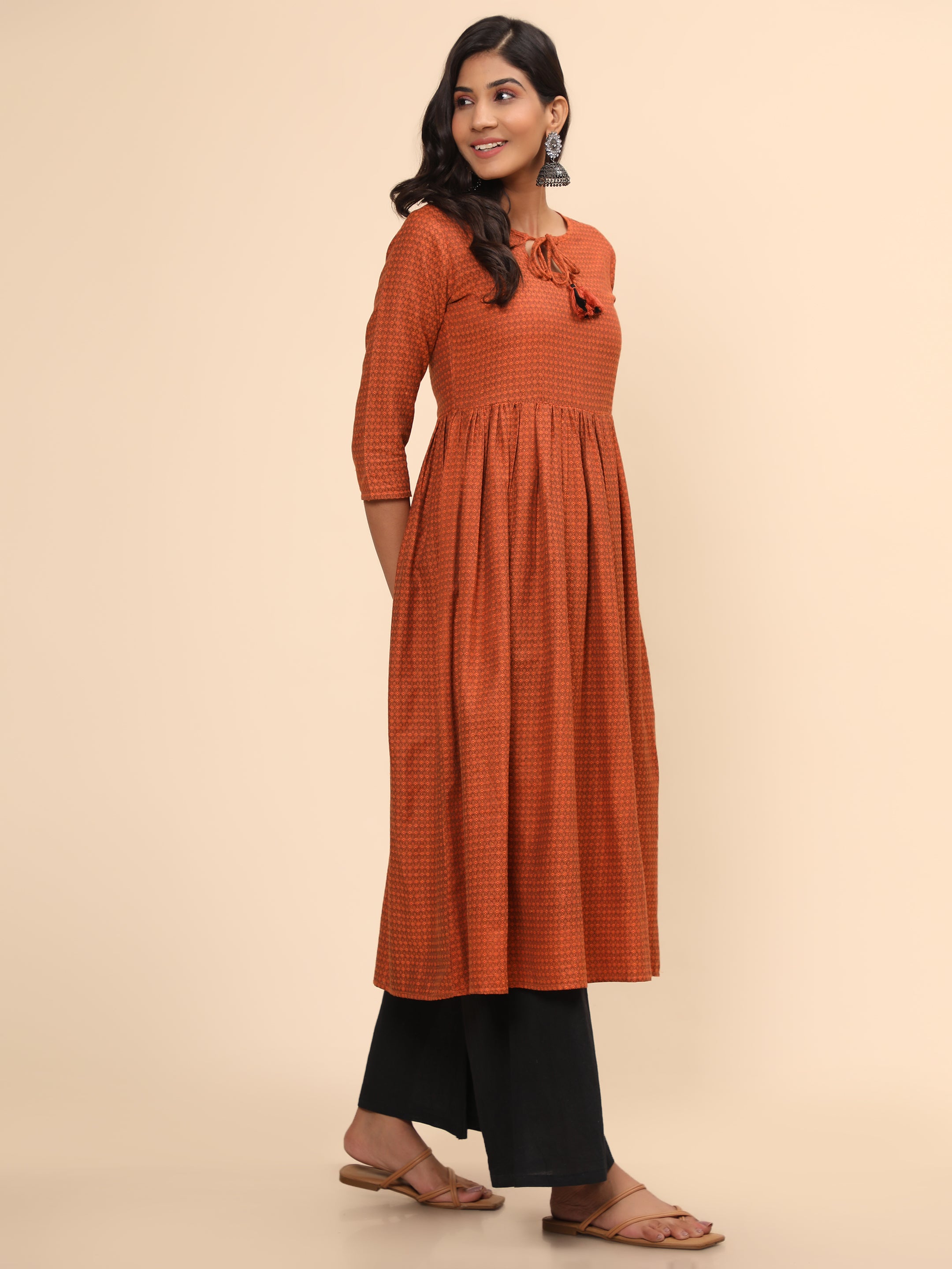 Women's Printed A-Line Yarn Dyed Orange Stitched Kurta - Vbuyz