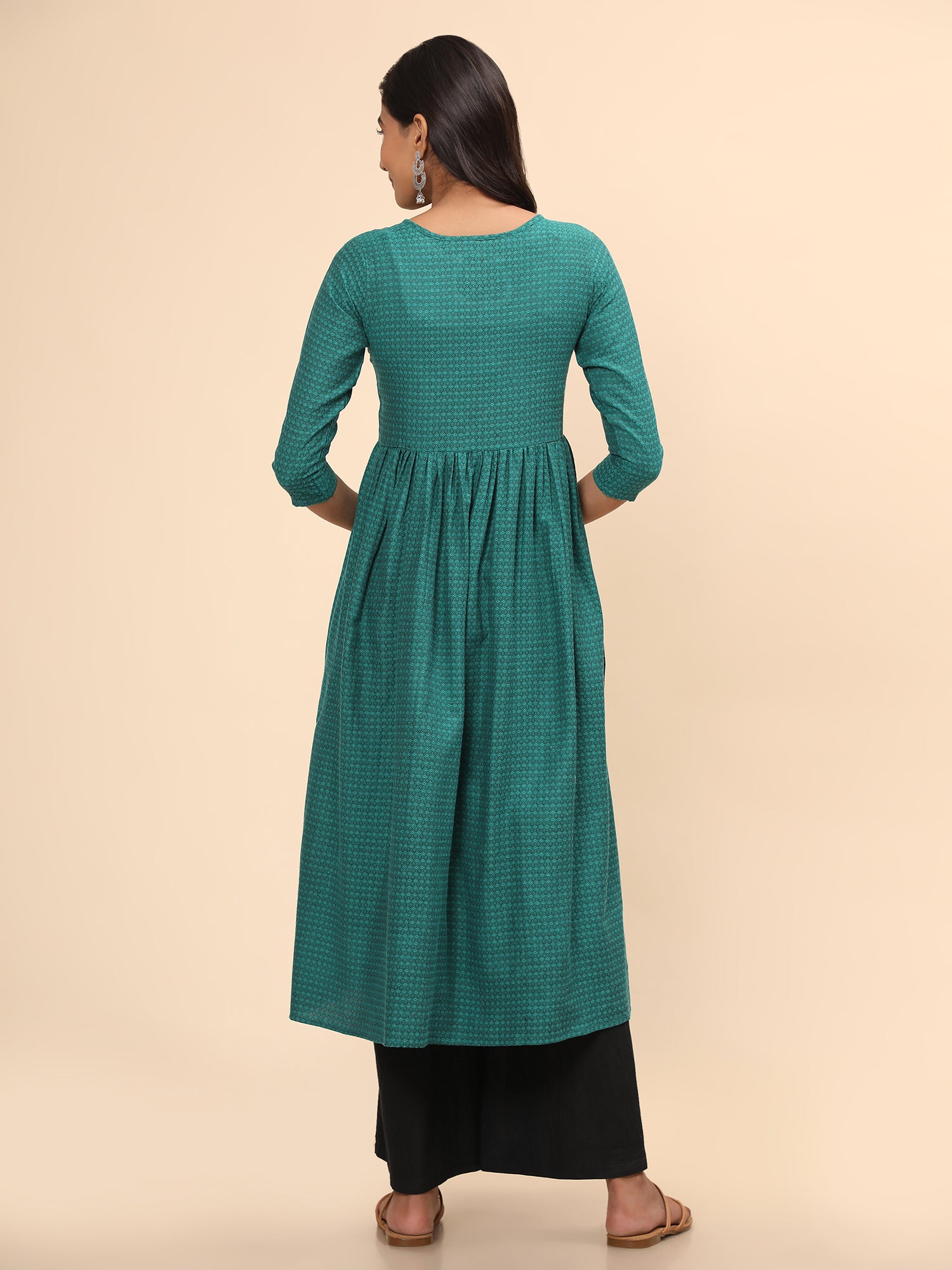 Women's Printed A-Line Yarn Dyed Turquoise Stitched Kurta - Vbuyz